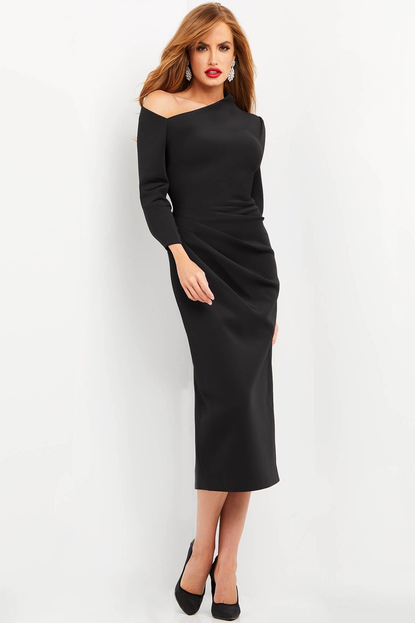 Scuba Long Sleeve Tea Length Dress By Jovani -06613
