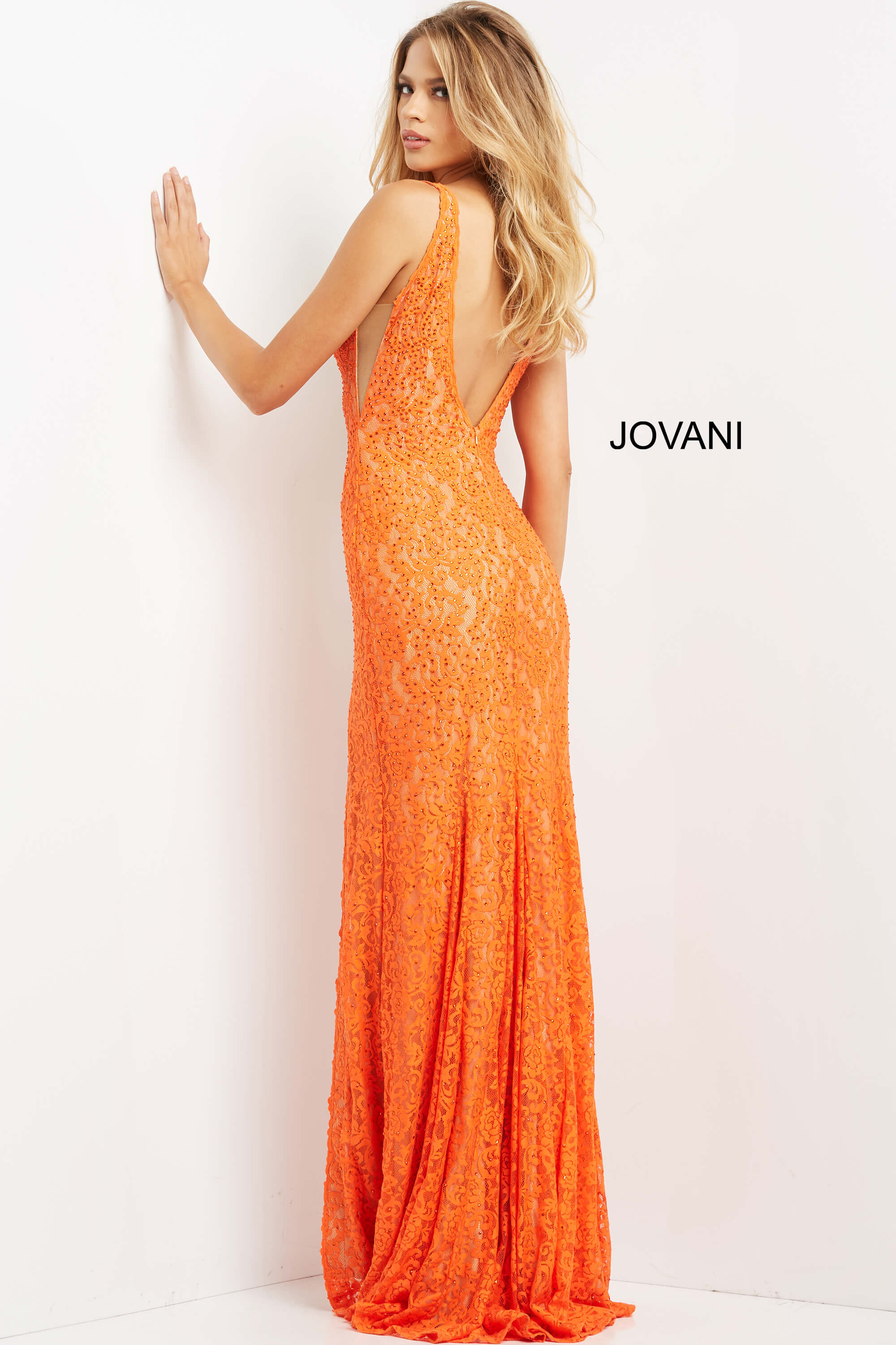 Nude Plunging Neck Lace Prom Dress By Jovani -08674