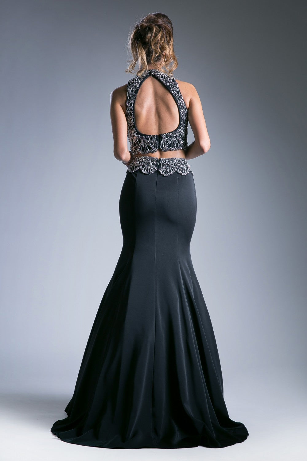 Two Piece Fitted Dress With Halter Beaded Top And Mikado Beaded Mermaid Skirt by Cinderella Divine -11574