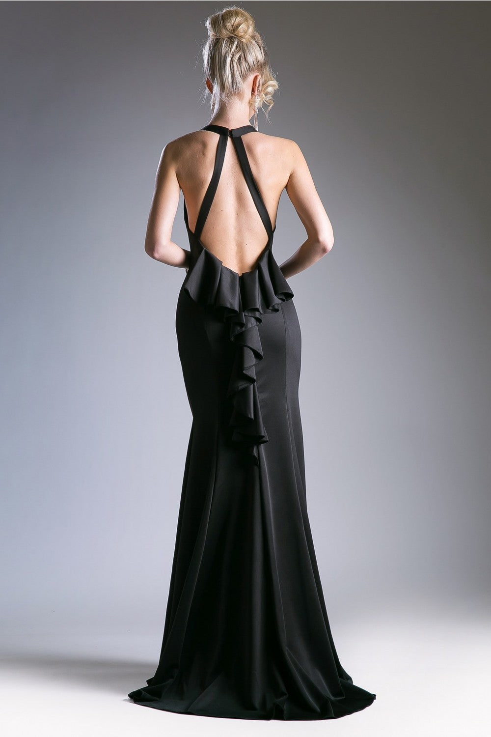 Fitted Gown With Halter Neckline, Open Back And Ruffle Back Detail by Cinderella Divine -11661