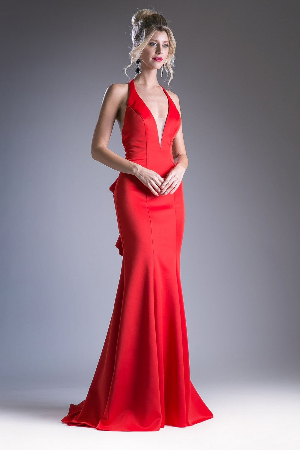 Fitted Gown With Halter Neckline, Open Back And Ruffle Back Detail by Cinderella Divine -11661