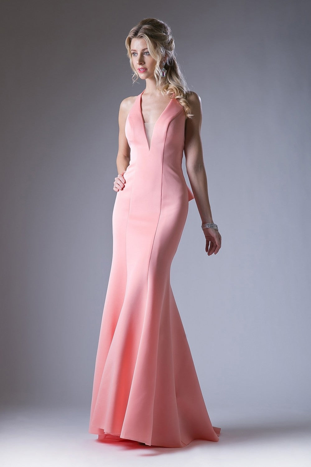 Fitted Gown With Halter Neckline, Open Back And Ruffle Back Detail by Cinderella Divine -11661