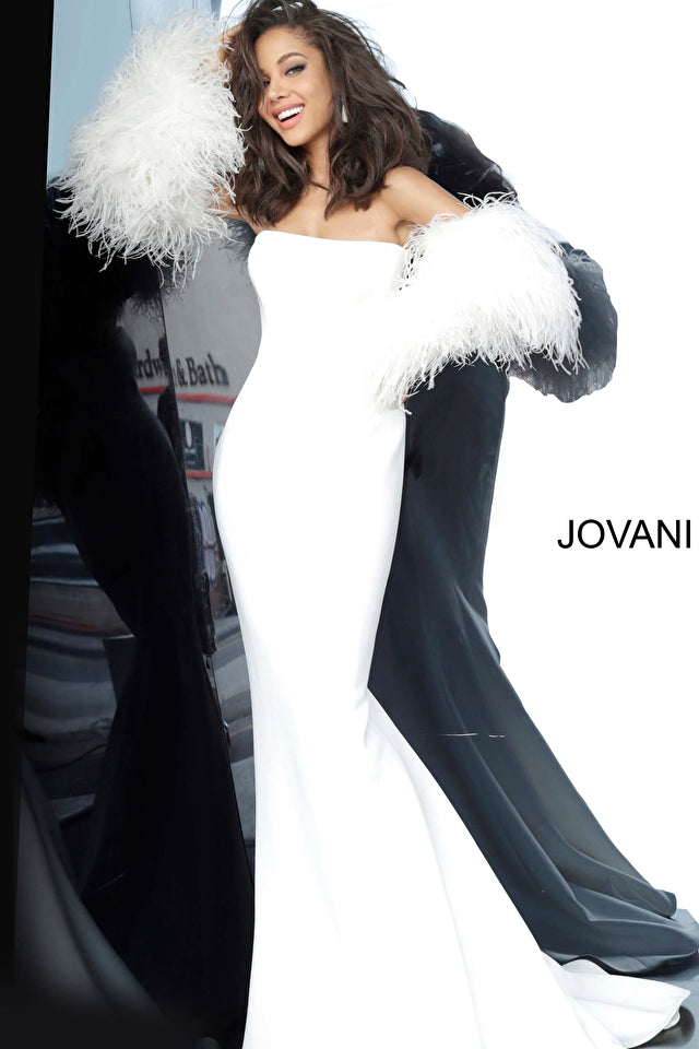 Strapless Fur Sleeves Gown By Jovani -1226