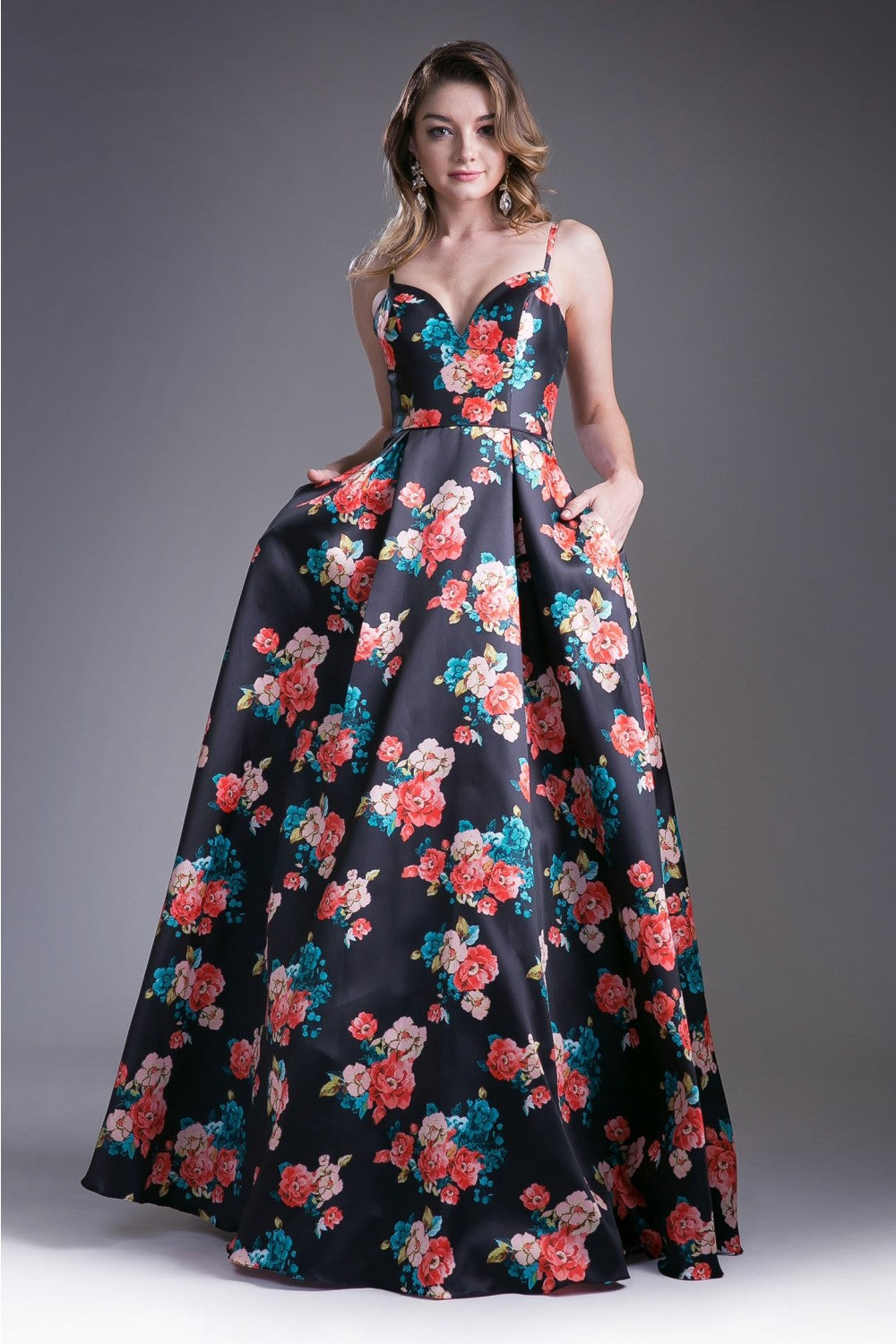 Mikado Ball Gown With Floral Print And Pockets by Cinderella Divine -13103