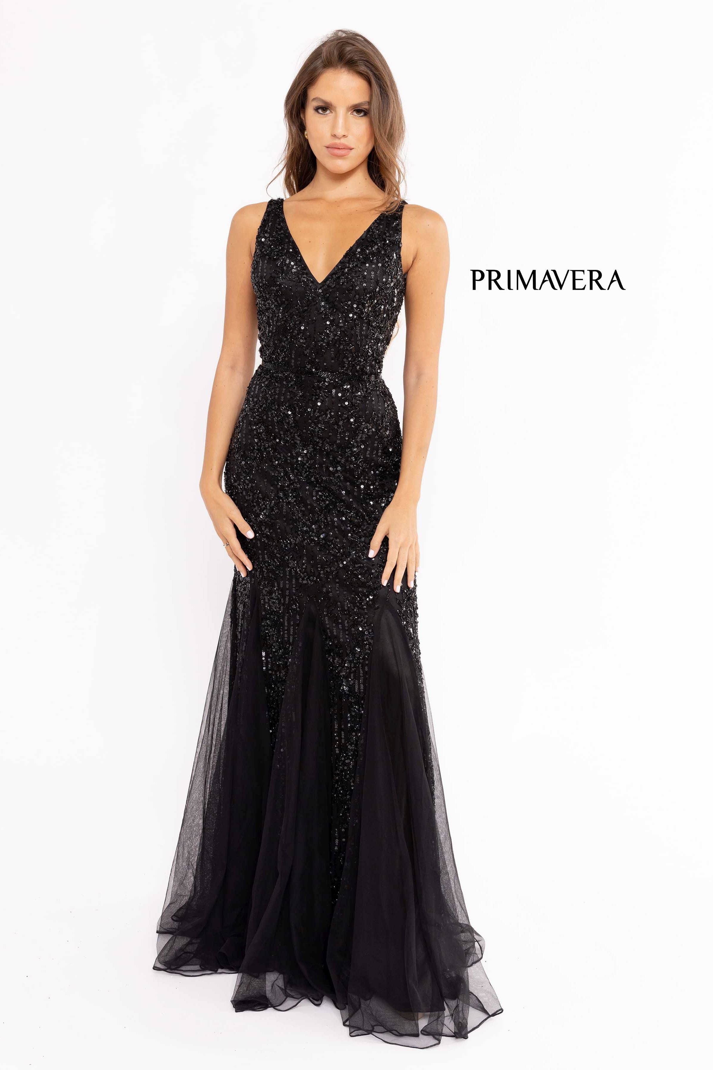 V Neck Sleeveless Sheath Gown By Primavera Couture -13107