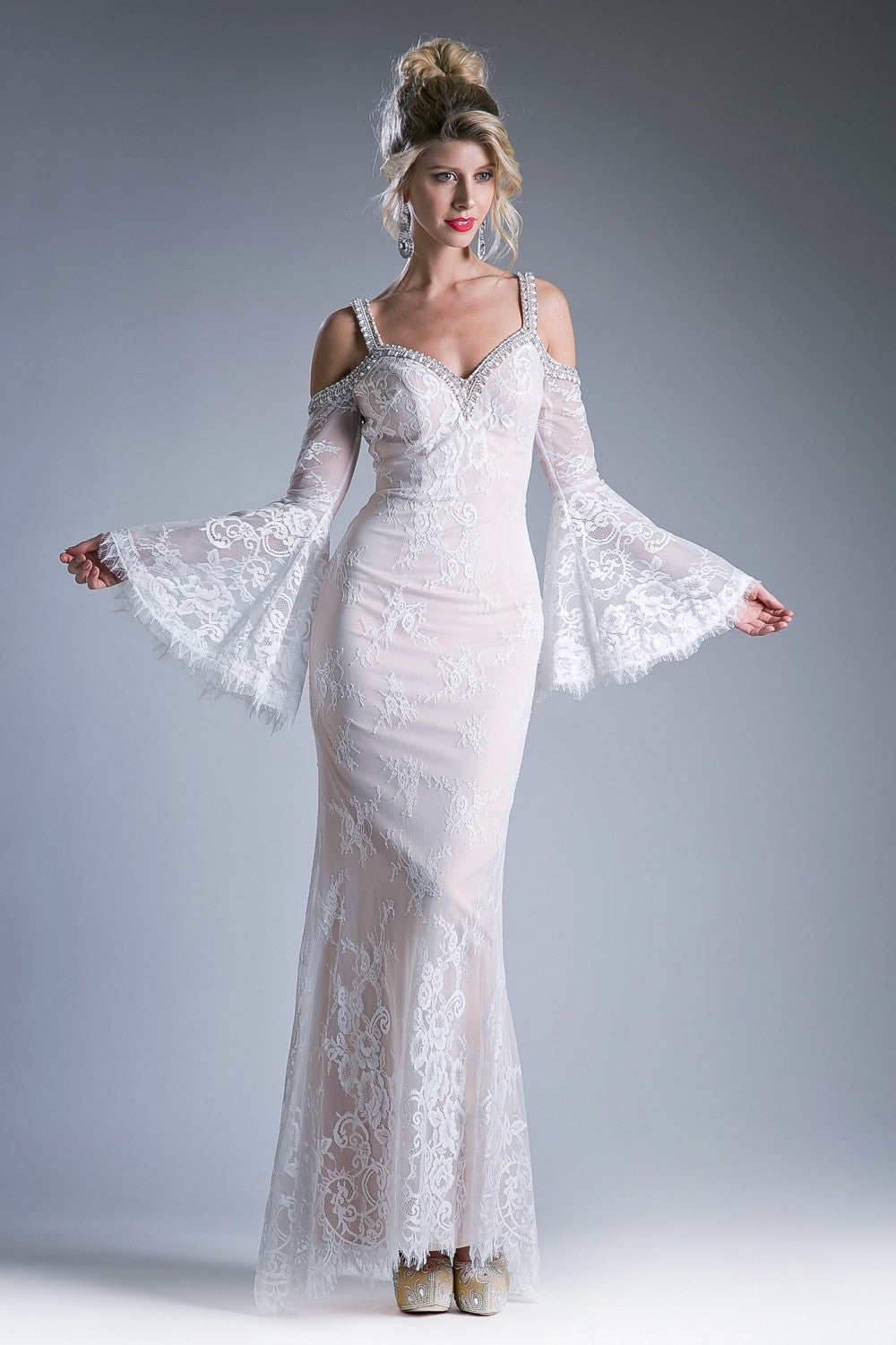 Long Fitted Lace Dress With Bell Sleeves by Cinderella Divine -13112