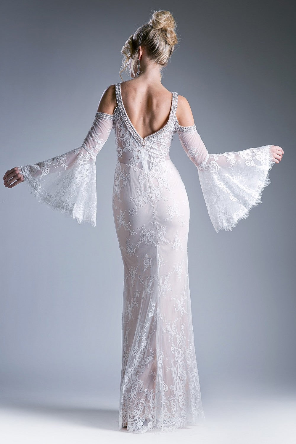 Long Fitted Lace Dress With Bell Sleeves by Cinderella Divine -13112