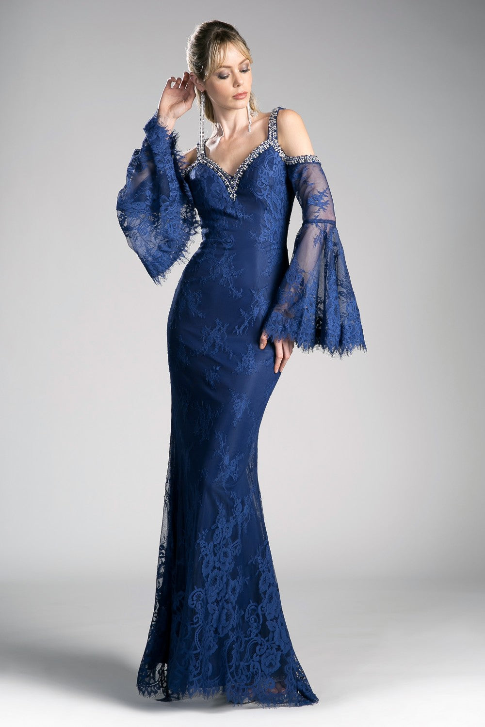 Long Fitted Lace Dress With Bell Sleeves by Cinderella Divine -13112