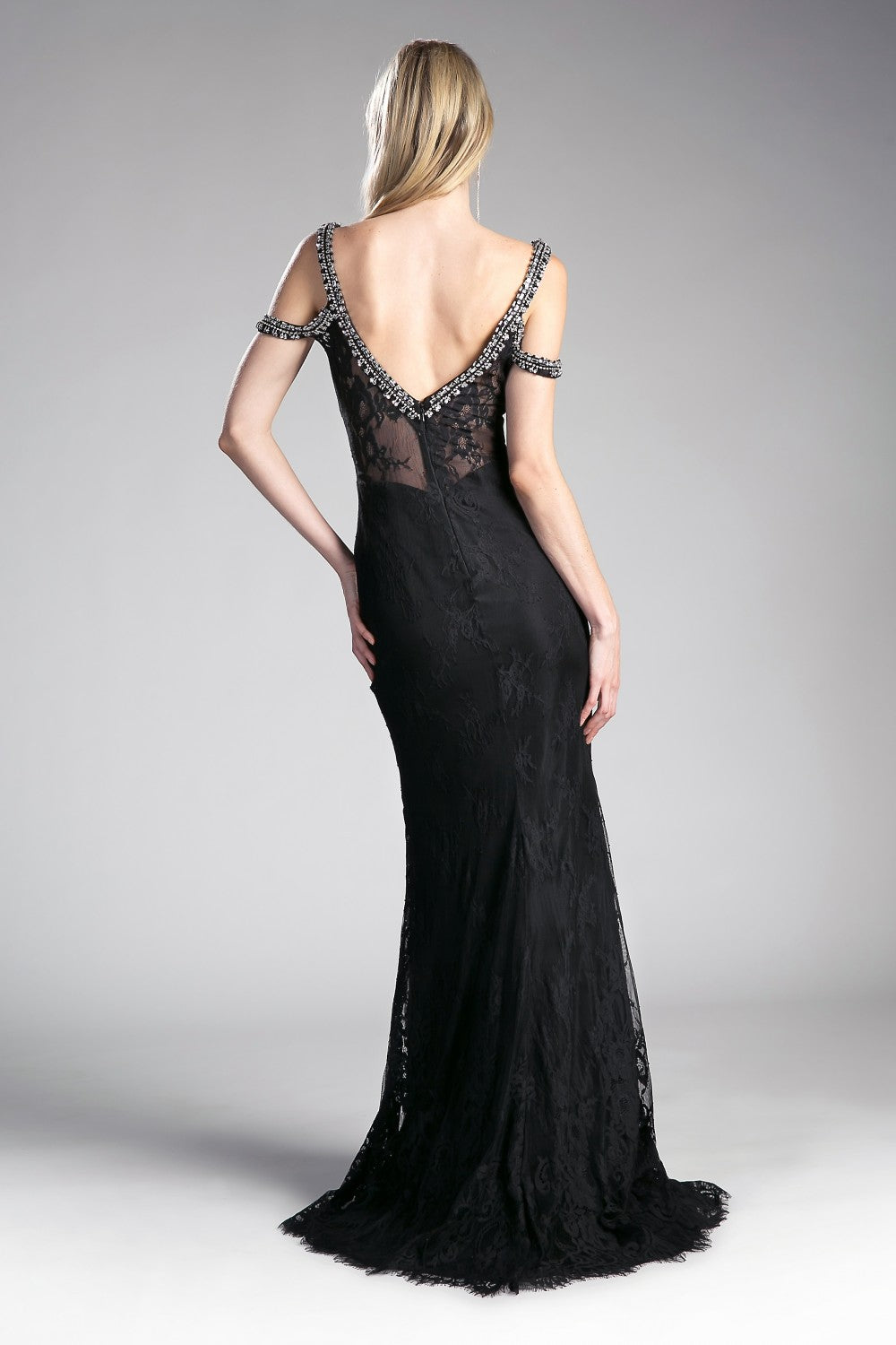 Fitted Lace Dress With Beaded Cold Shoulder Detail And Sweetheart Neackline by Cinderella Divine -13112A