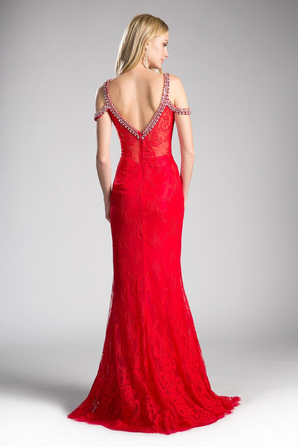 Fitted Lace Dress With Beaded Cold Shoulder Detail And Sweetheart Neackline by Cinderella Divine -13112A