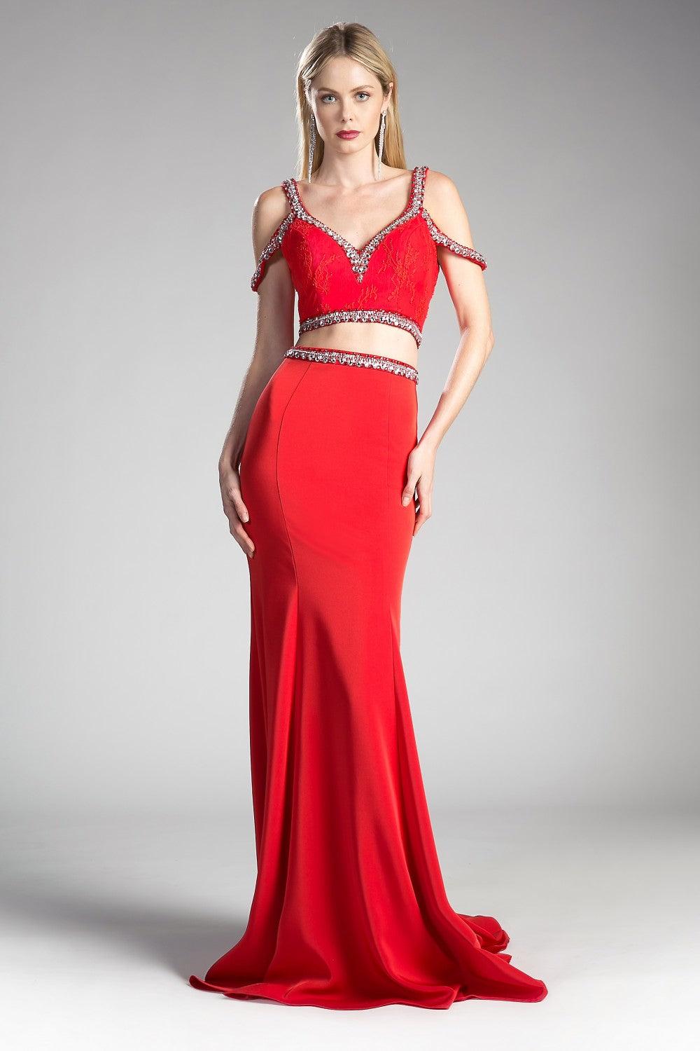 Two Piece Fitted Gown With Stretch Jersey And Beaded Details by Cinderella Divine -13114A