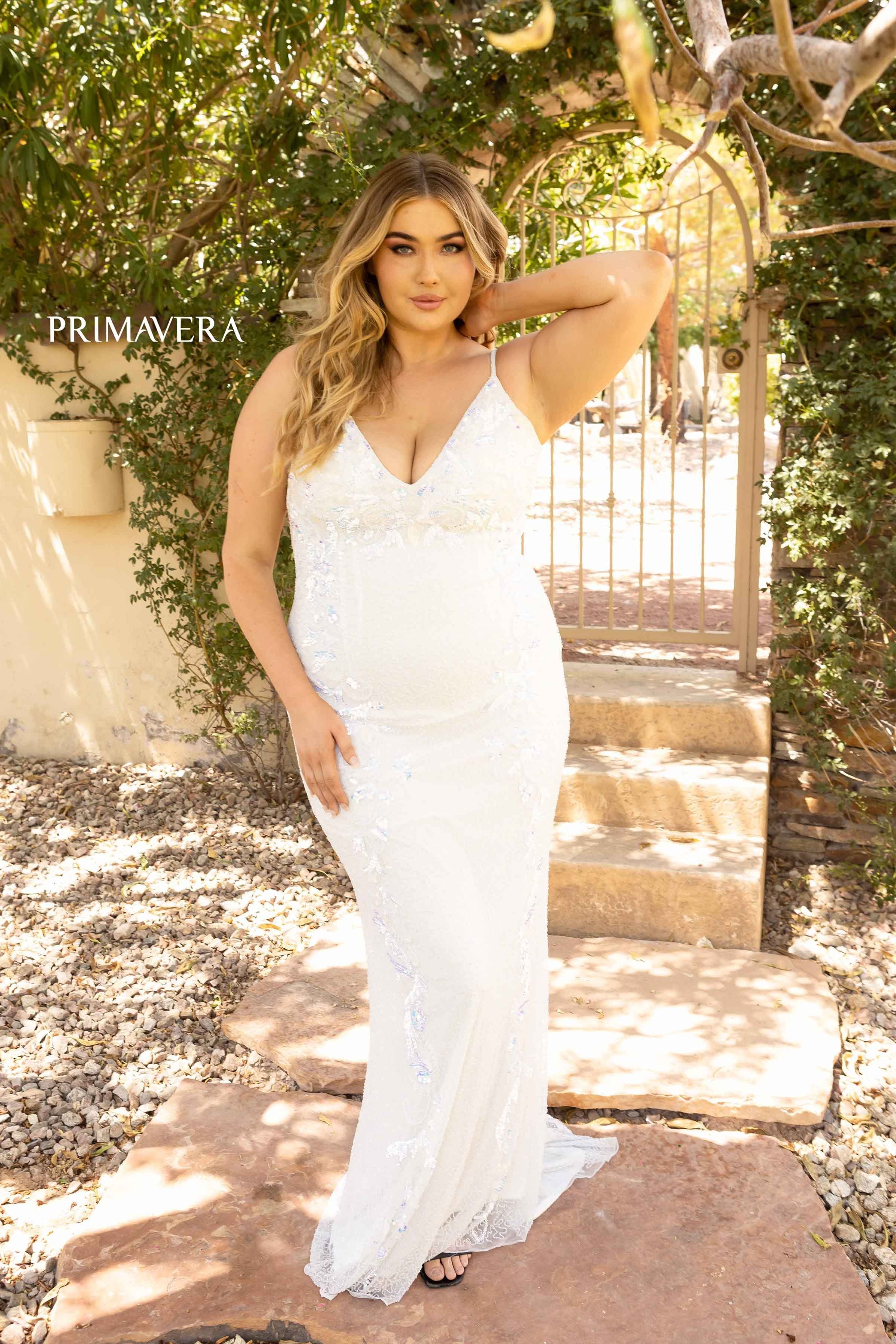 Embroidered Plunging Mermaid Dress by Primavera Couture -14005