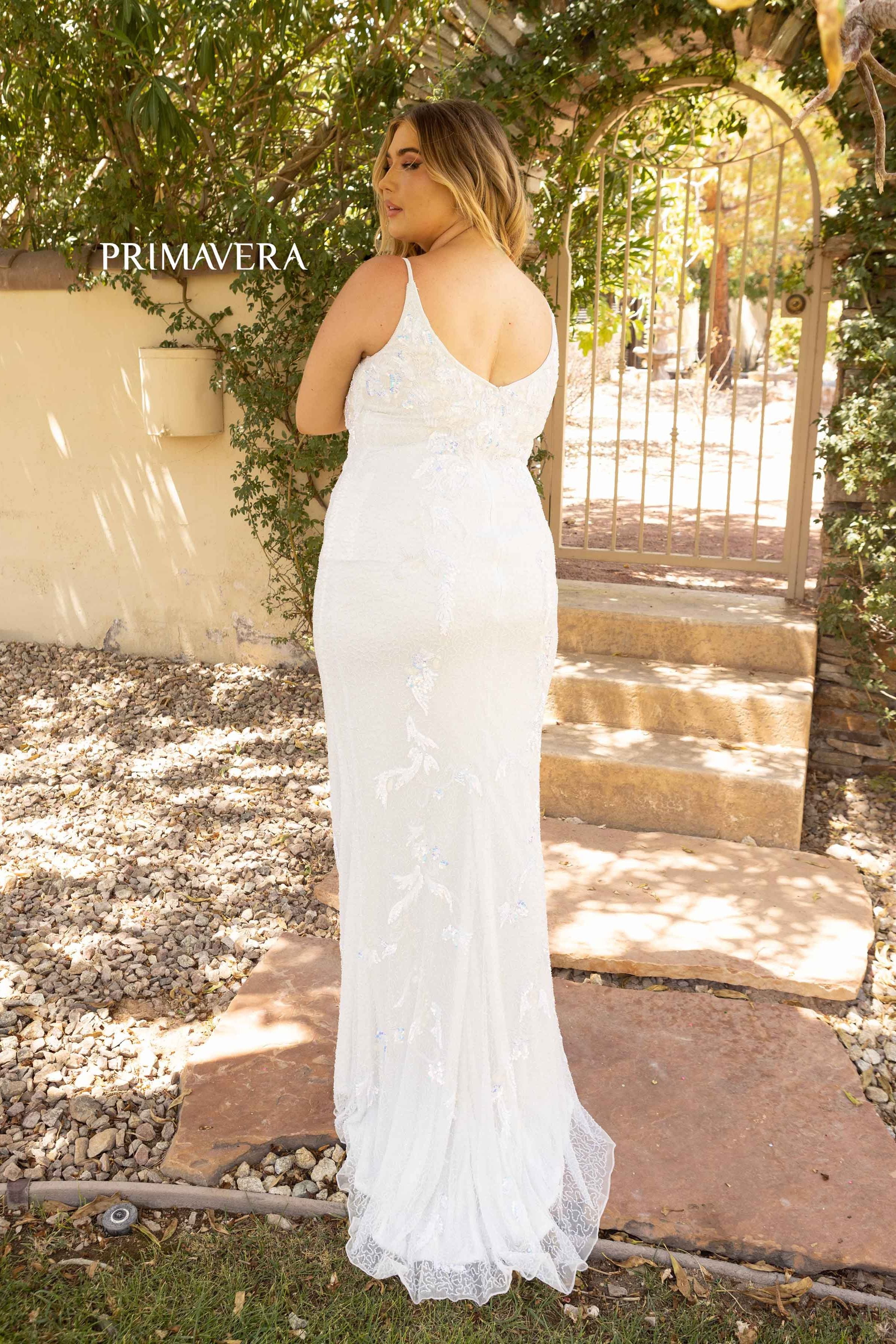 Embroidered Plunging Mermaid Dress by Primavera Couture -14005