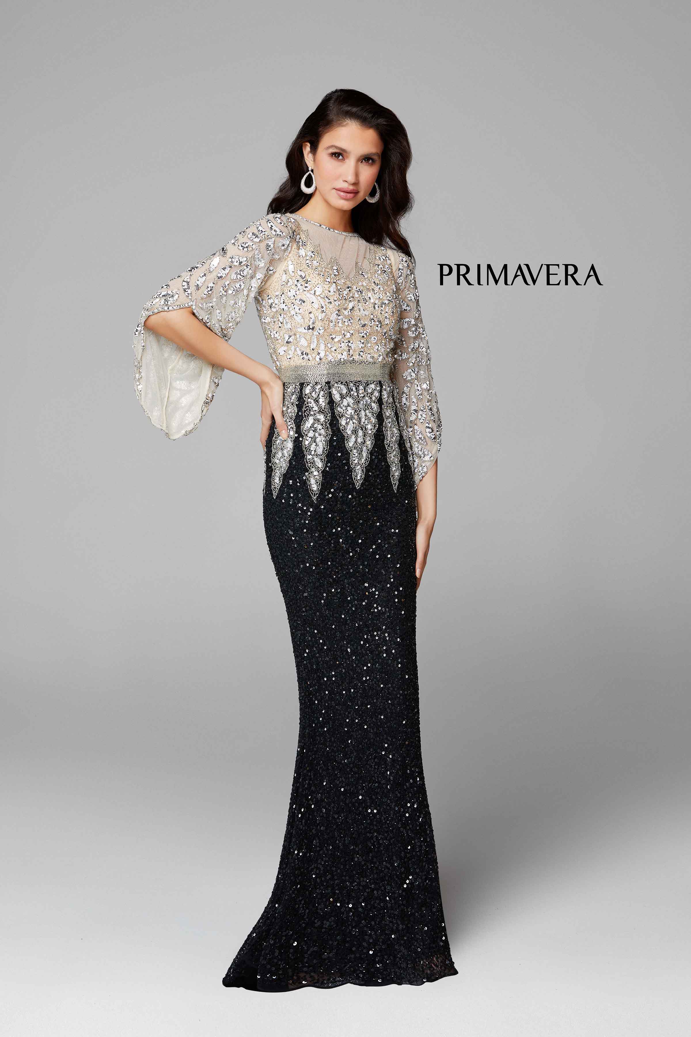 Embellished Long Gown With Batwing Sleeves By Primavera Couture -1424