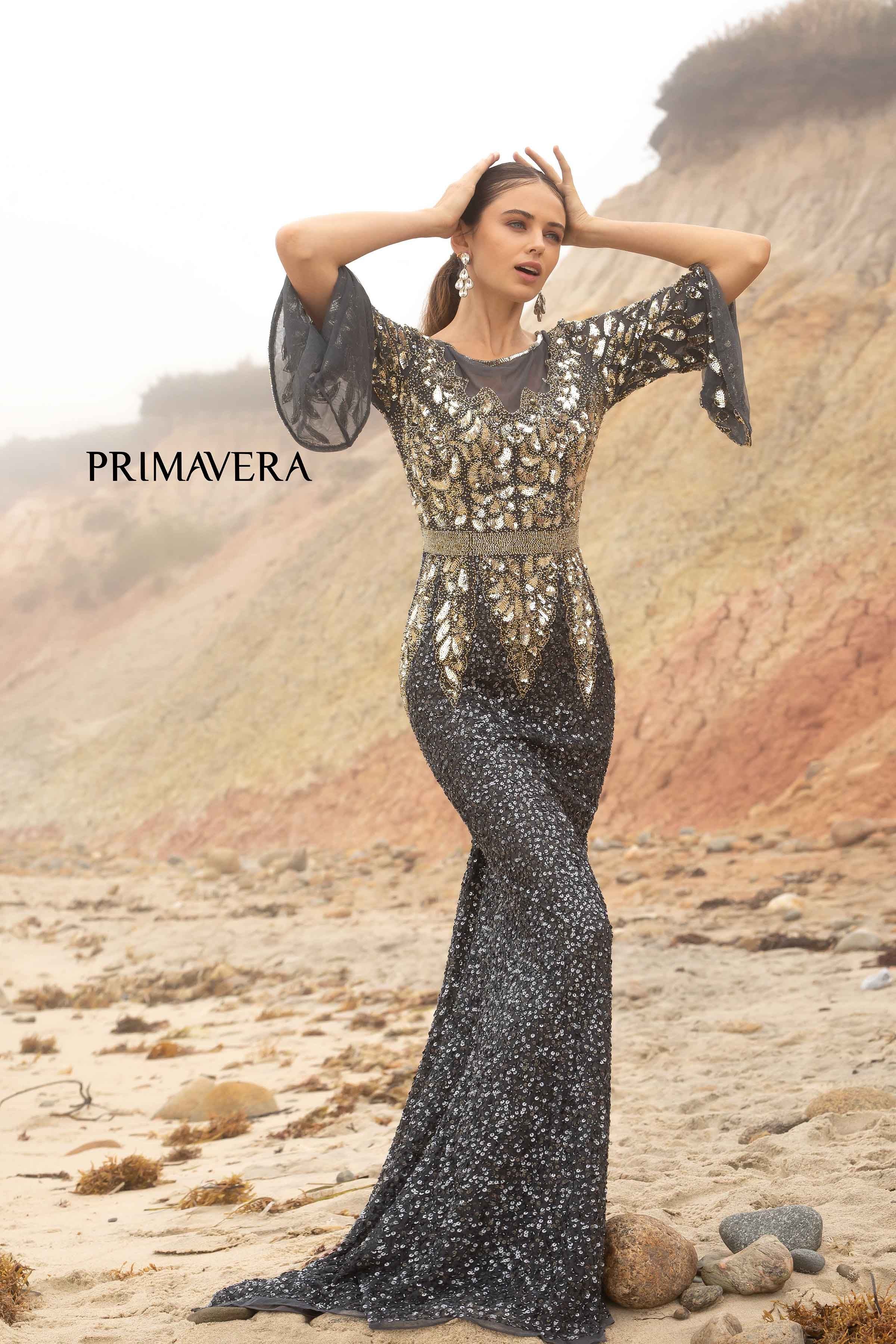 Embellished Long Gown With Batwing Sleeves By Primavera Couture -1424