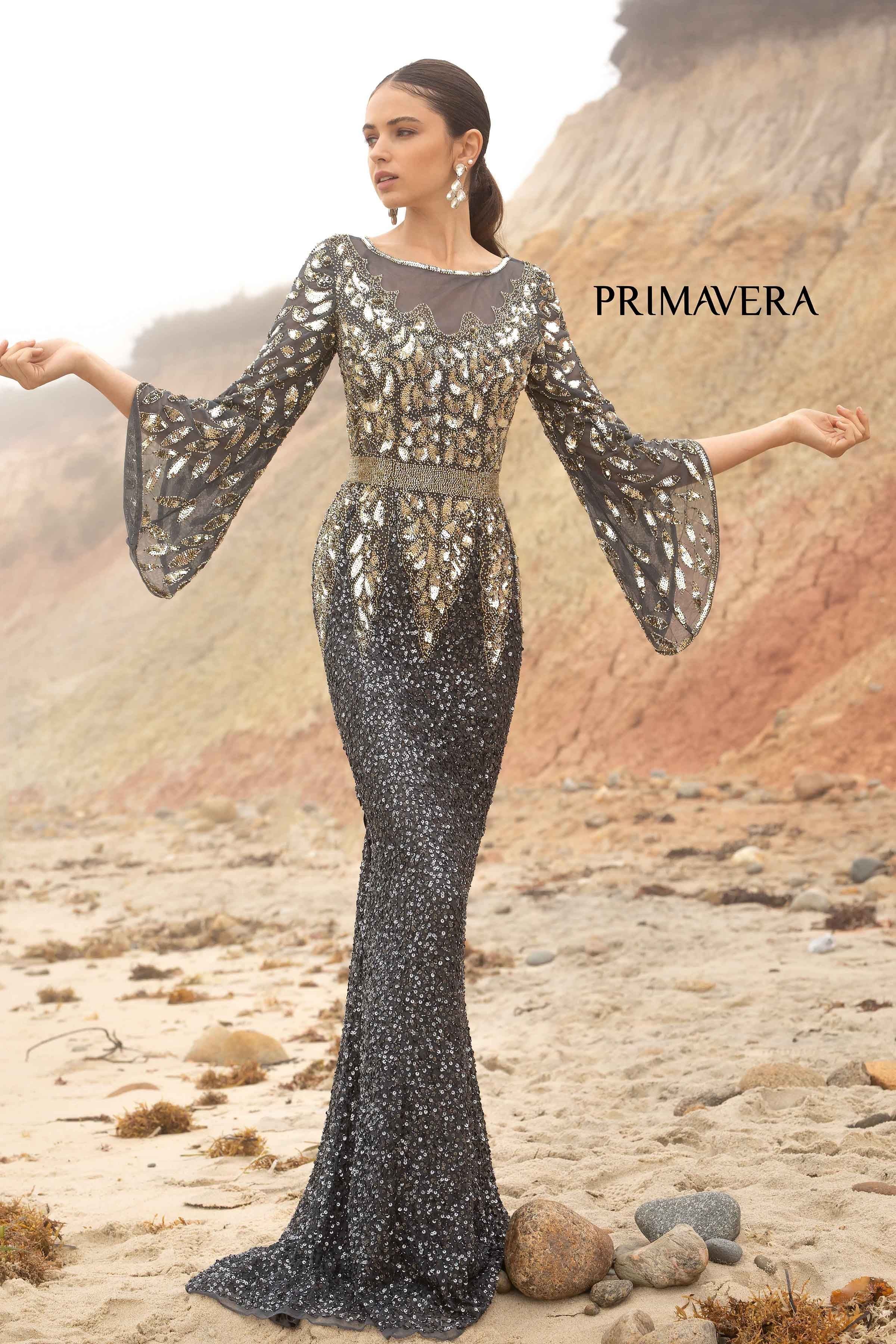 Embellished Long Gown With Batwing Sleeves By Primavera Couture -1424