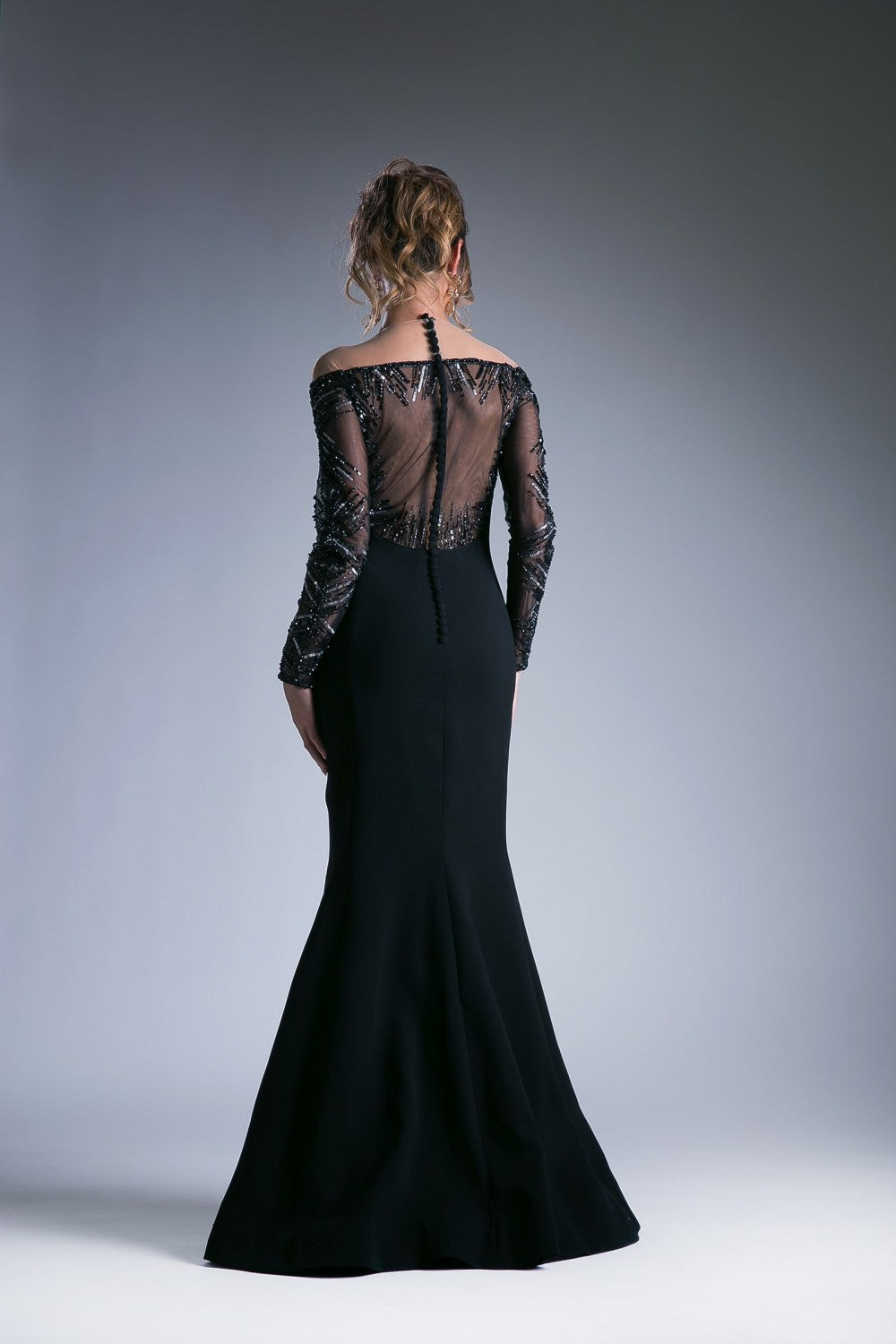 Black Fitted Long Sleeve Gown By Cinderella Divine -15078
