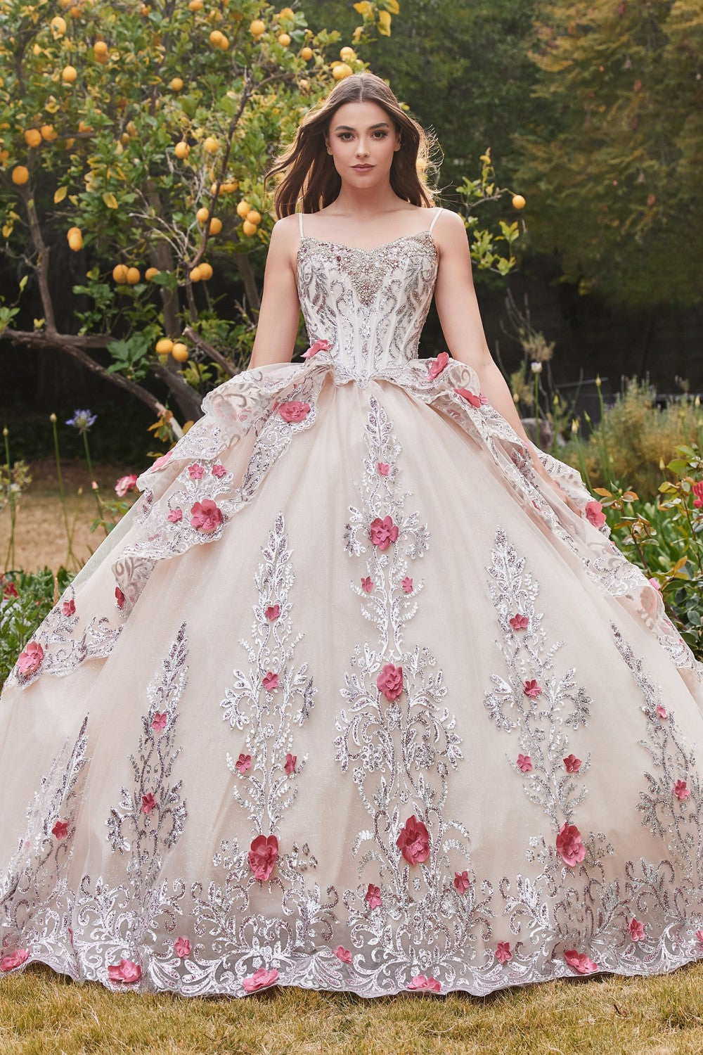 Layered Tulle Ball Gown With Foral Applique By Cinderella Divine -15703