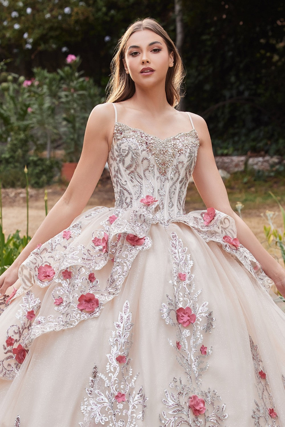 Layered Tulle Ball Gown With Foral Applique By Cinderella Divine -15703