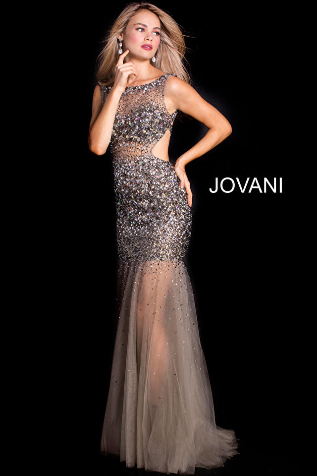 Sheer Beaded Open Back Prom Dress By Jovani -171100