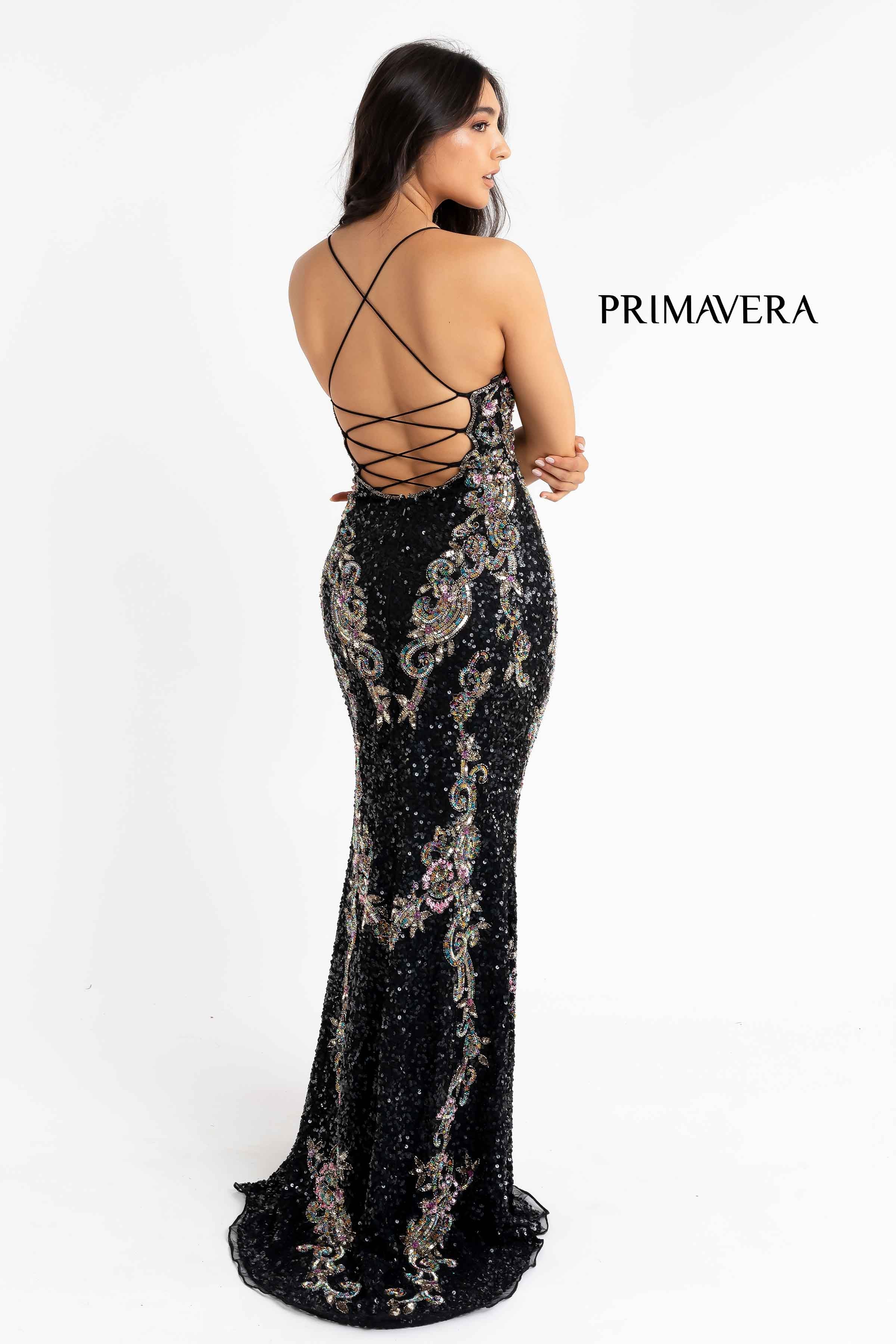 Plunging V-Neck Strappy Gown With Slit By Primavera Couture -3211