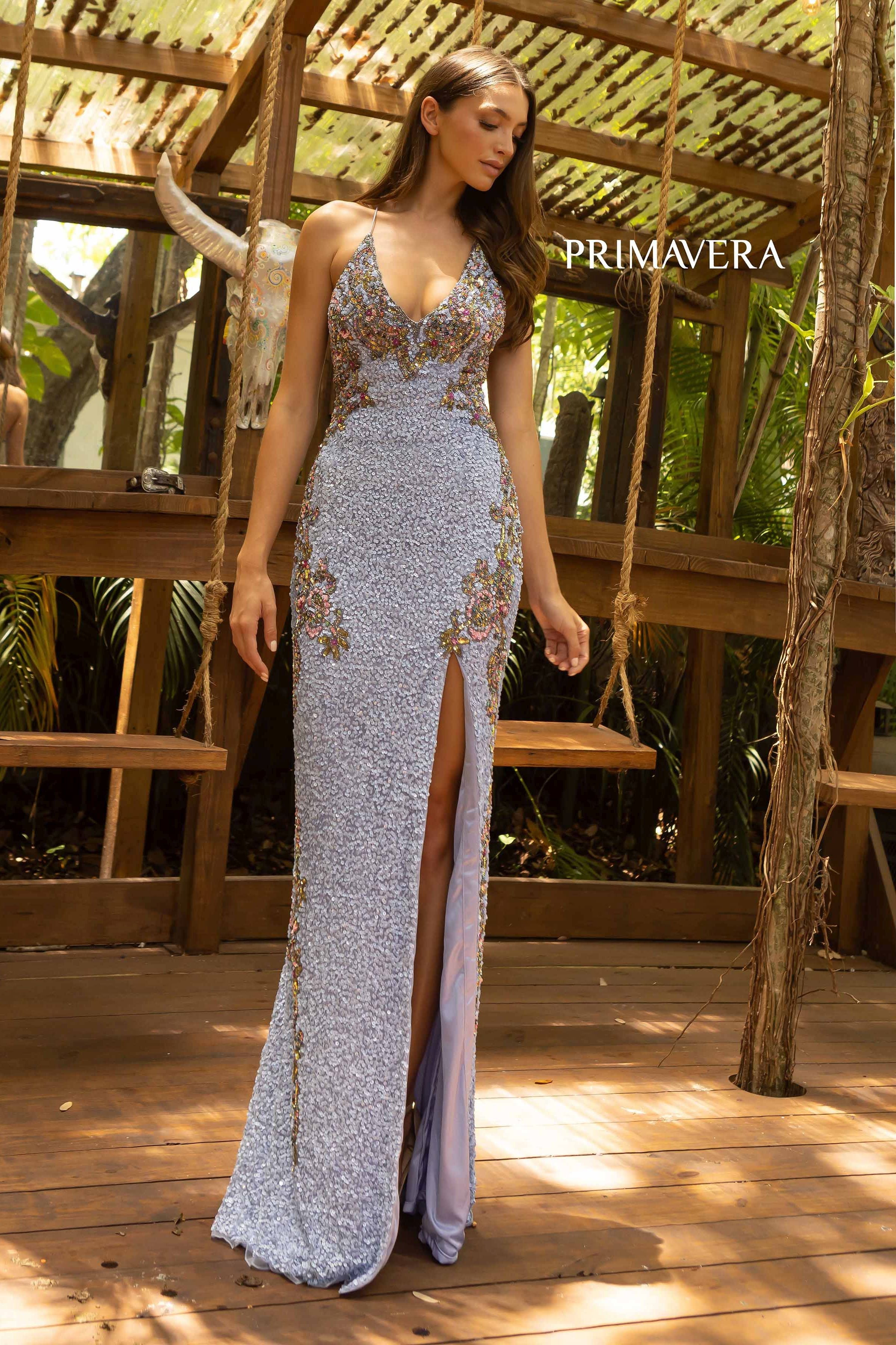 Plunging V-Neck Strappy Gown With Slit By Primavera Couture -3211