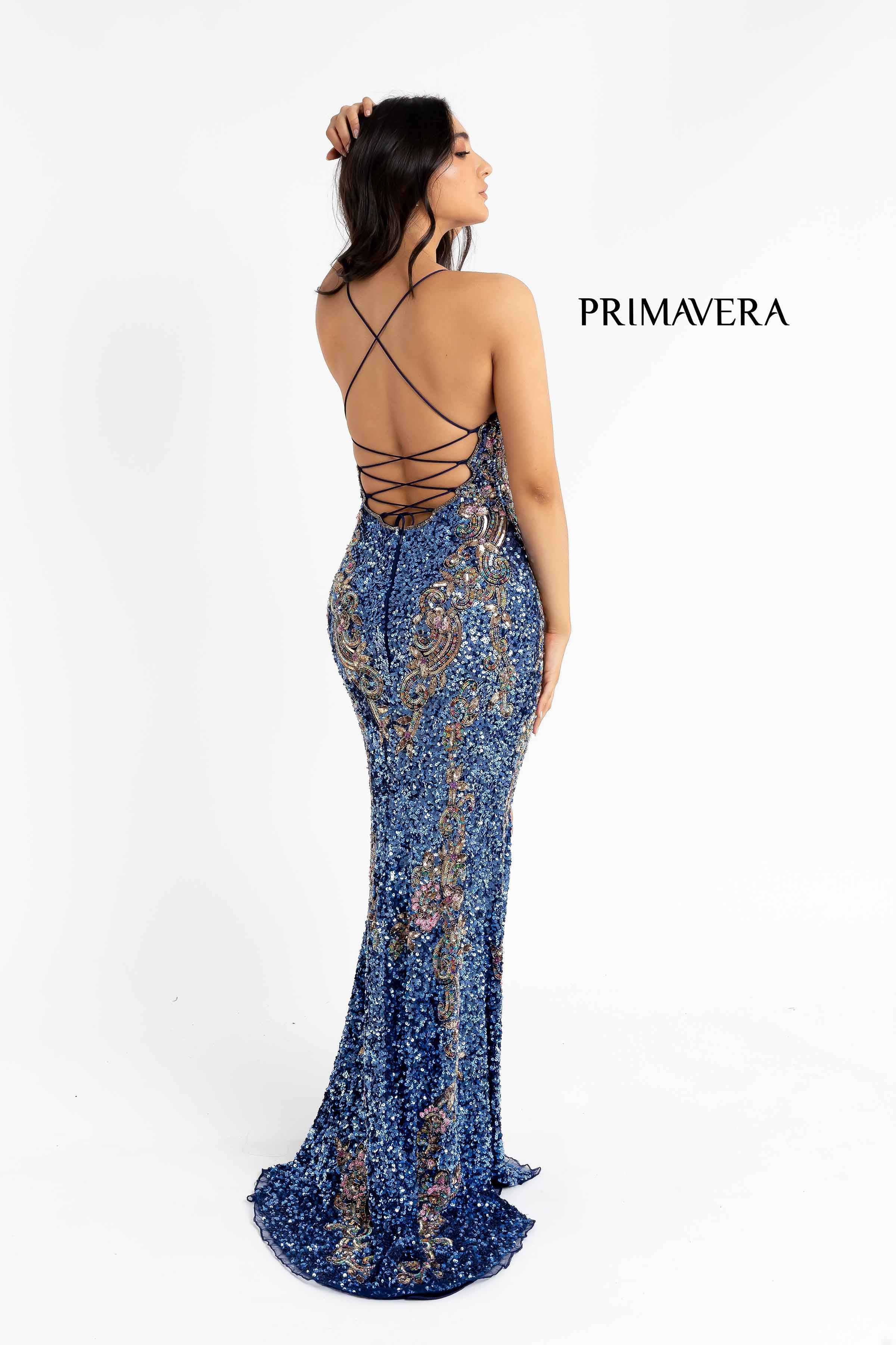 Plunging V-Neck Strappy Gown With Slit By Primavera Couture -3211