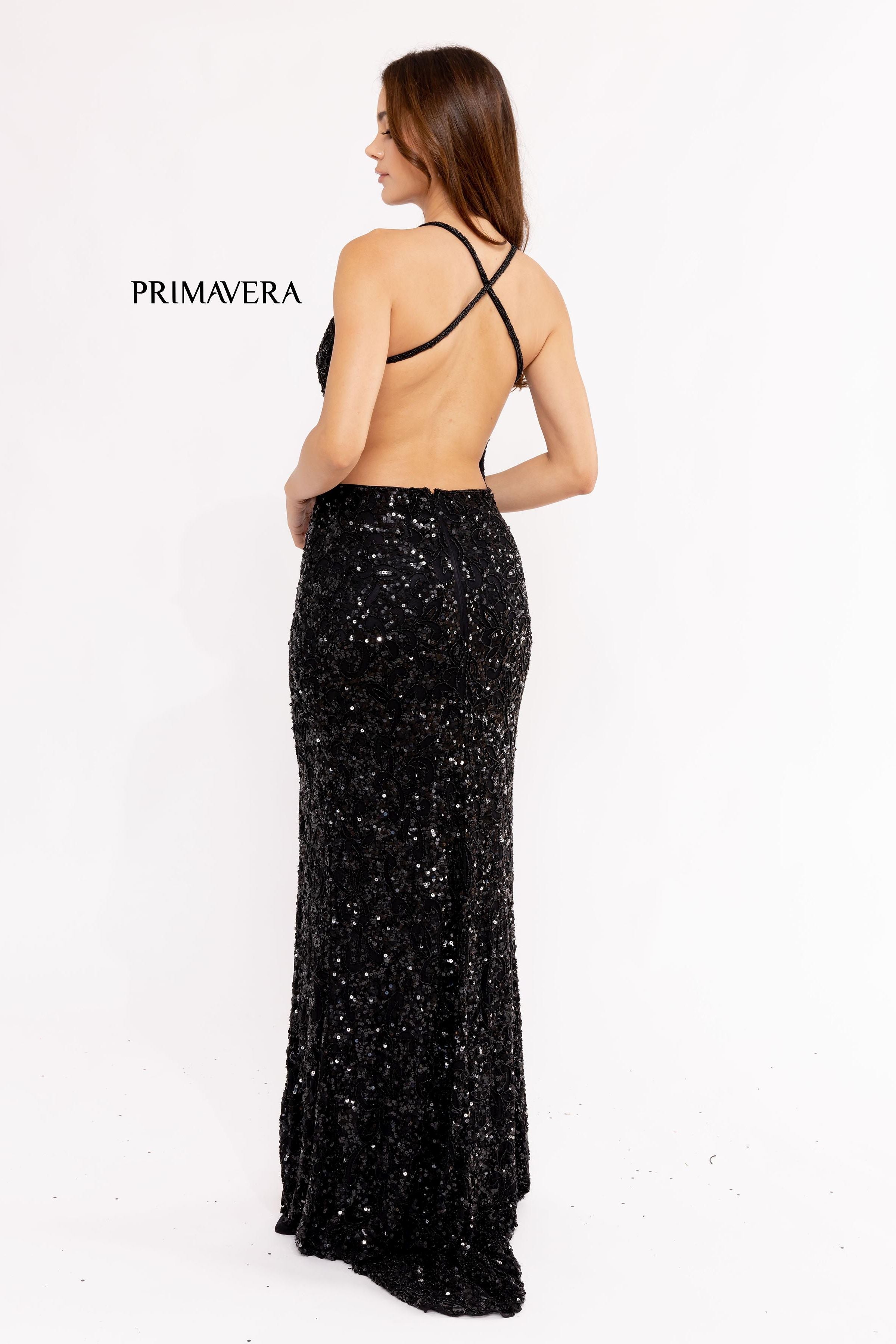 Full Sequin Beaded Dress With V Neckline By Primavera Couture -3295