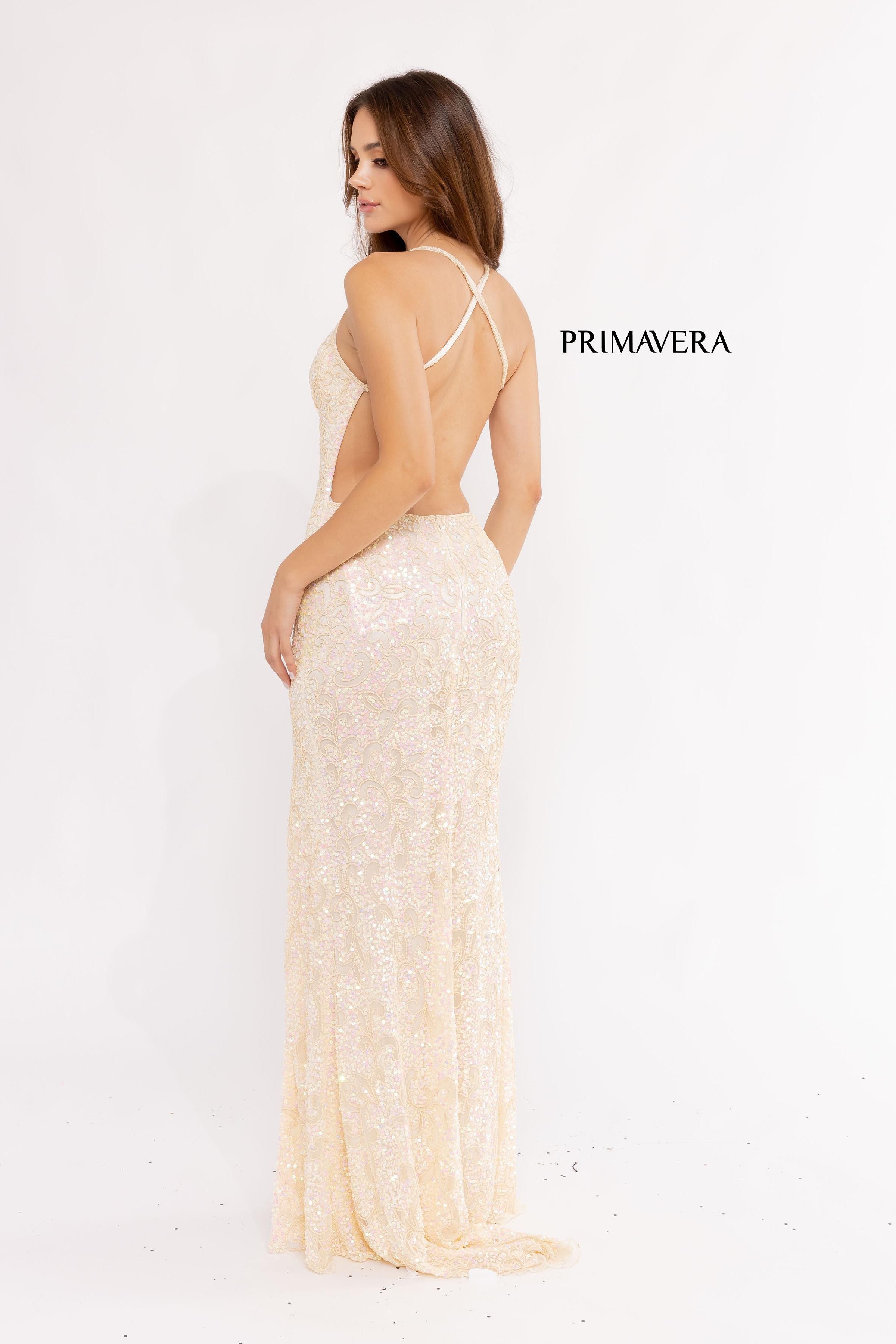 Full Sequin Beaded Dress With V Neckline By Primavera Couture -3295