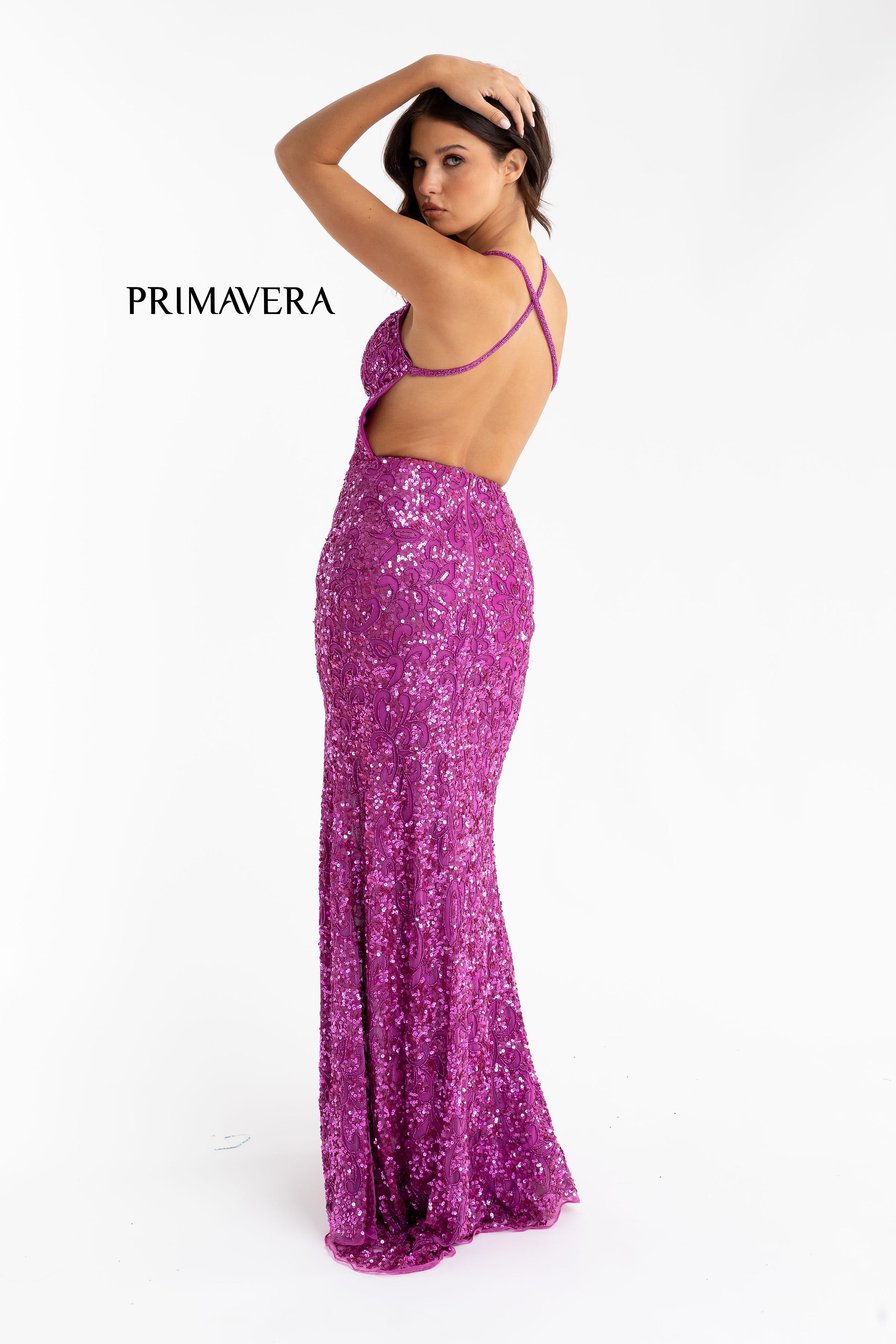 Full Sequin Beaded Dress With V Neckline By Primavera Couture -3295