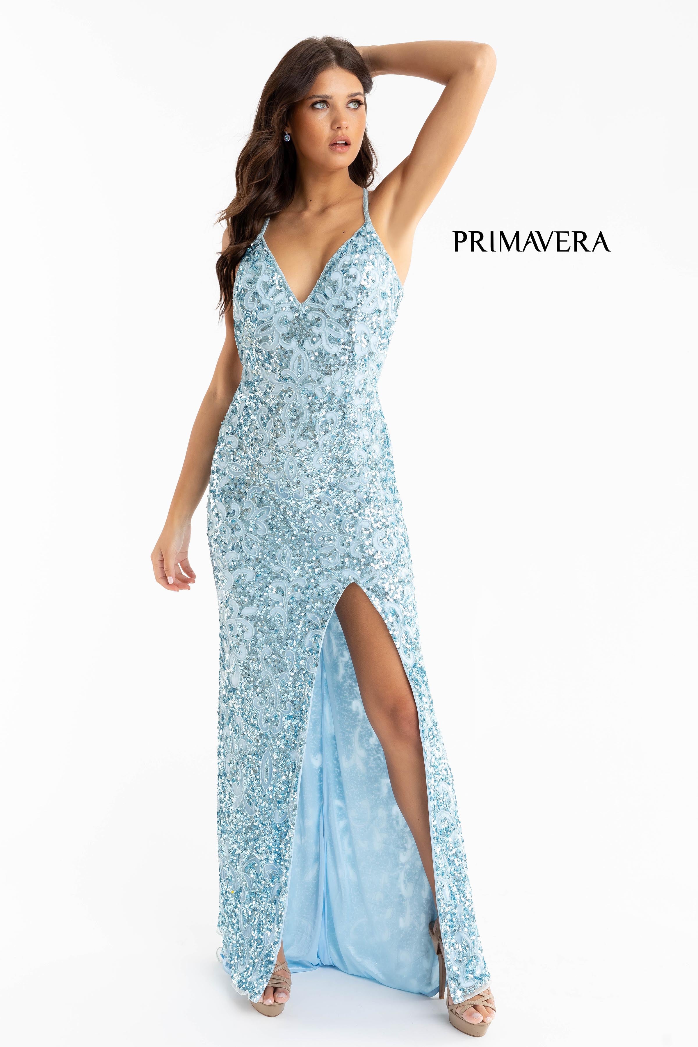 Full Sequin Beaded Dress With V Neckline By Primavera Couture -3295