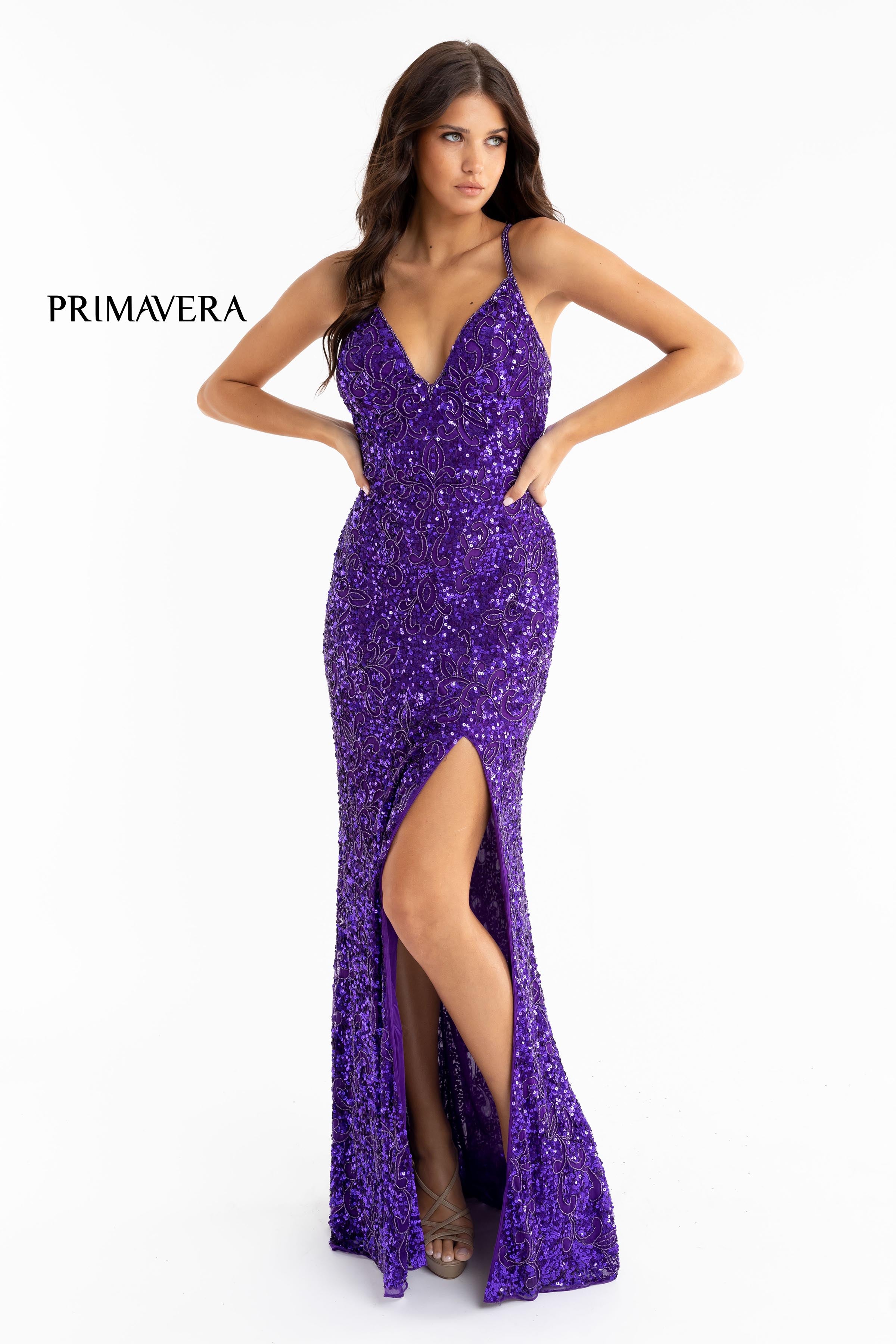 Full Sequin Beaded Dress With V Neckline 01 By Primavera Couture -3295