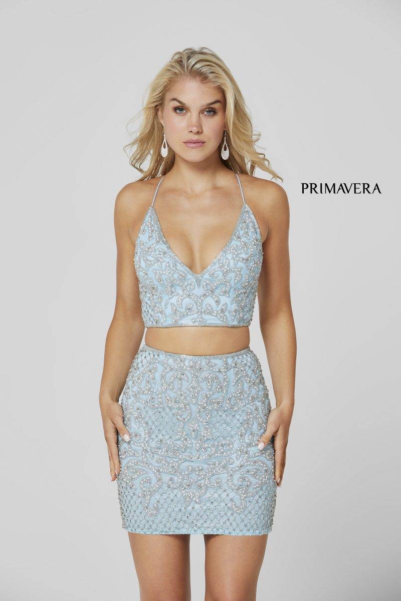 Fully Beaded Two-Piece Dress V-Cut Neckline By Primavera Couture -3321