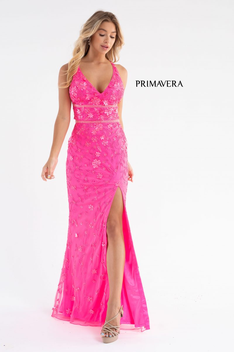 Beaded Floral High Front Slit Gown BY Primavera Couture -3746
