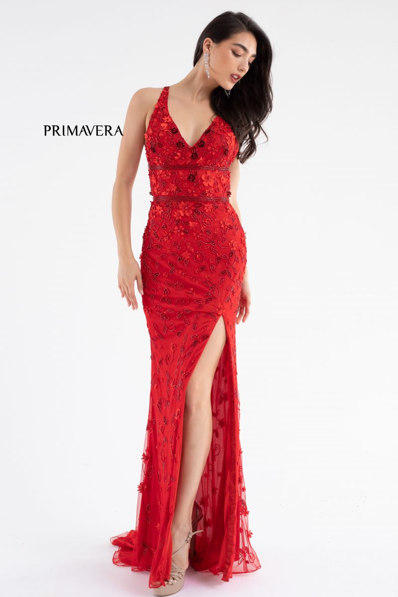 Beaded Floral High Front Slit Gown BY Primavera Couture -3746