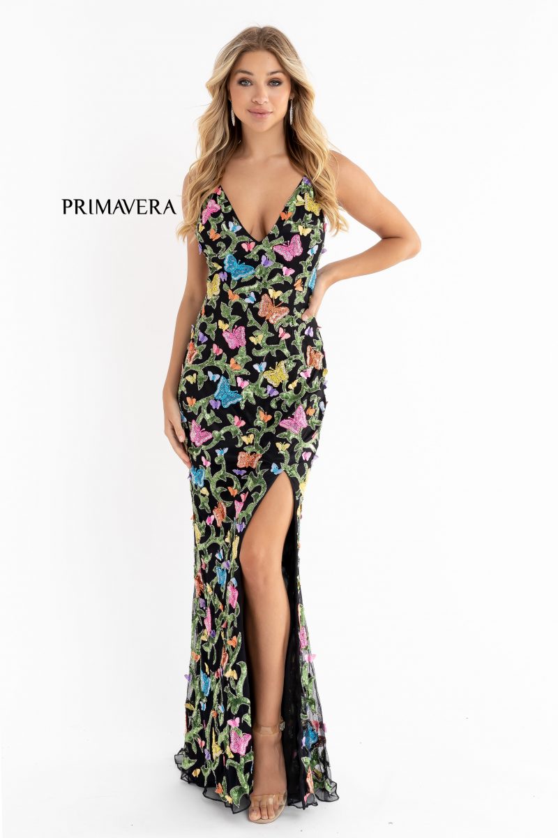 Plunging V Neckline Long Butterfly Gown By Primavera Couture -3748