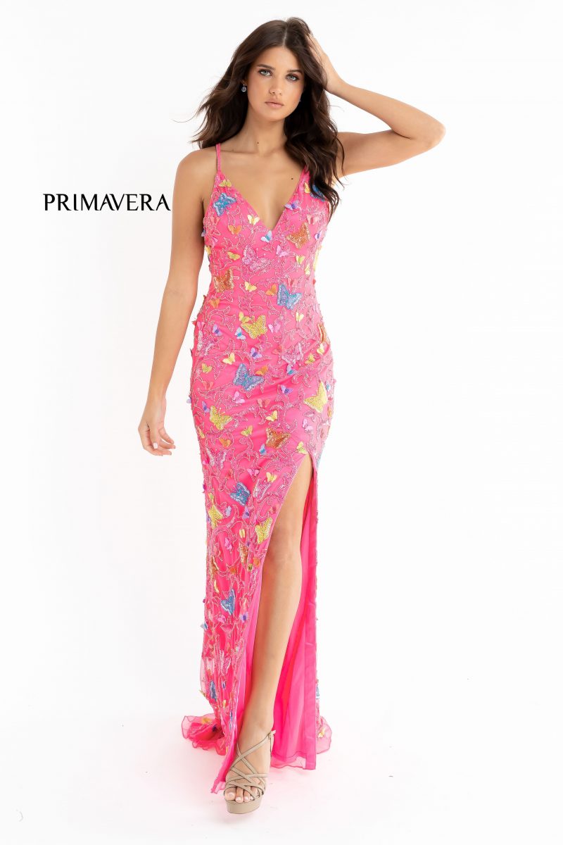 Plunging V Neckline Long Butterfly Gown By Primavera Couture -3748