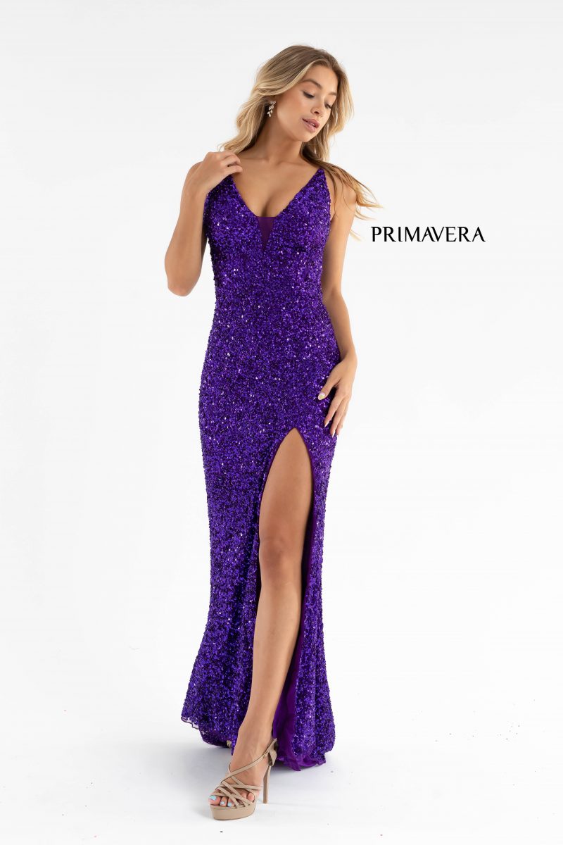 High Slit Sleeveless Sequin Dress 01 By Primavera Couture -3792