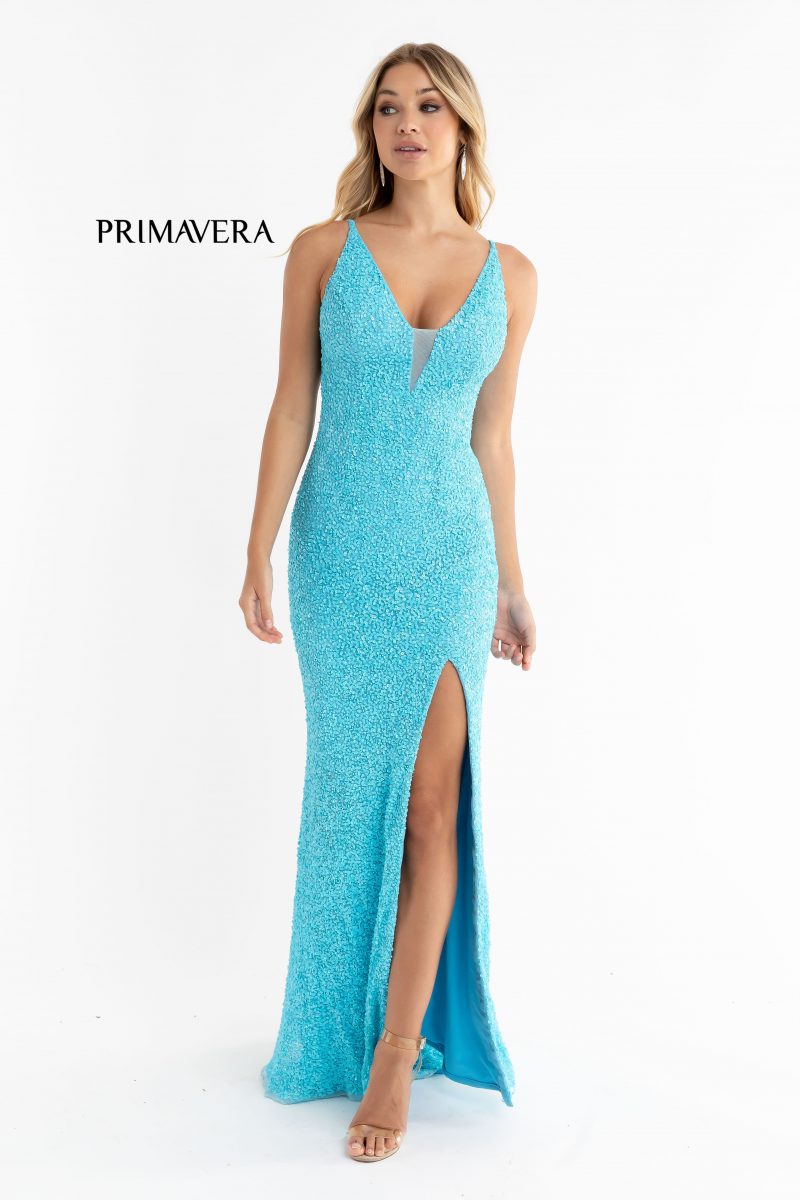 High Slit Sleeveless Sequin Dress 01 By Primavera Couture -3792