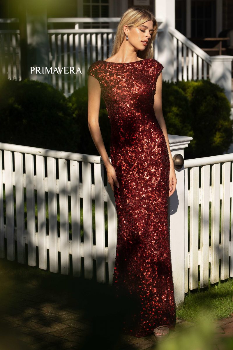 Long Sequin Bateau Neckline Gown By Primavera Couture -3796