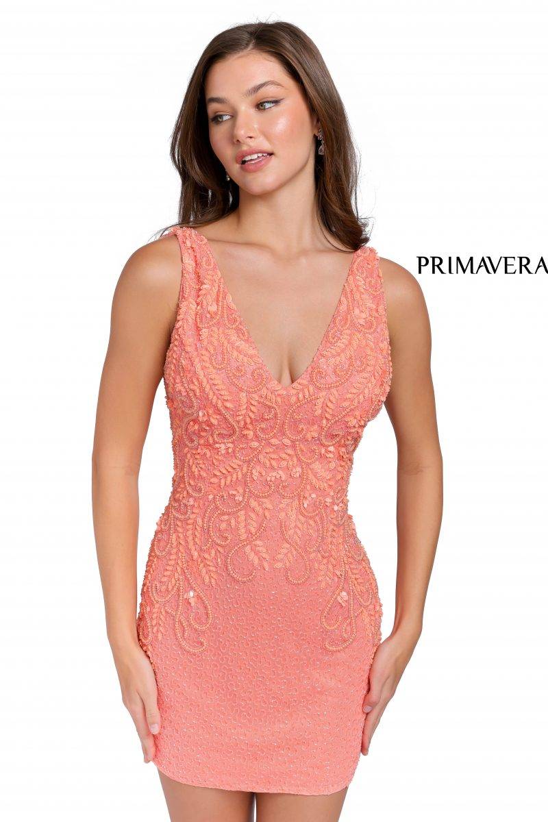 Bejeweled Appliqued V-Neck Cocktail Dress By Primavera Couture -3807