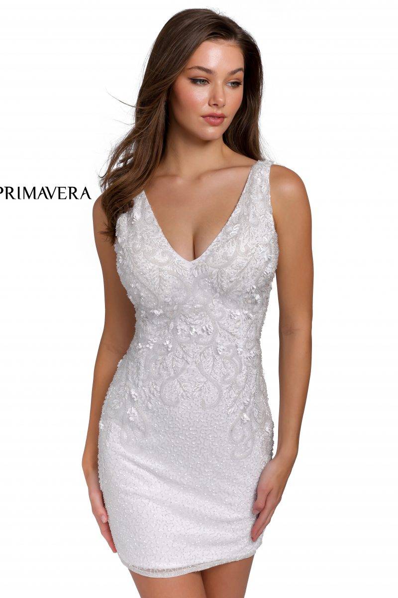 Bejeweled Appliqued V-Neck Cocktail Dress By Primavera Couture -3807