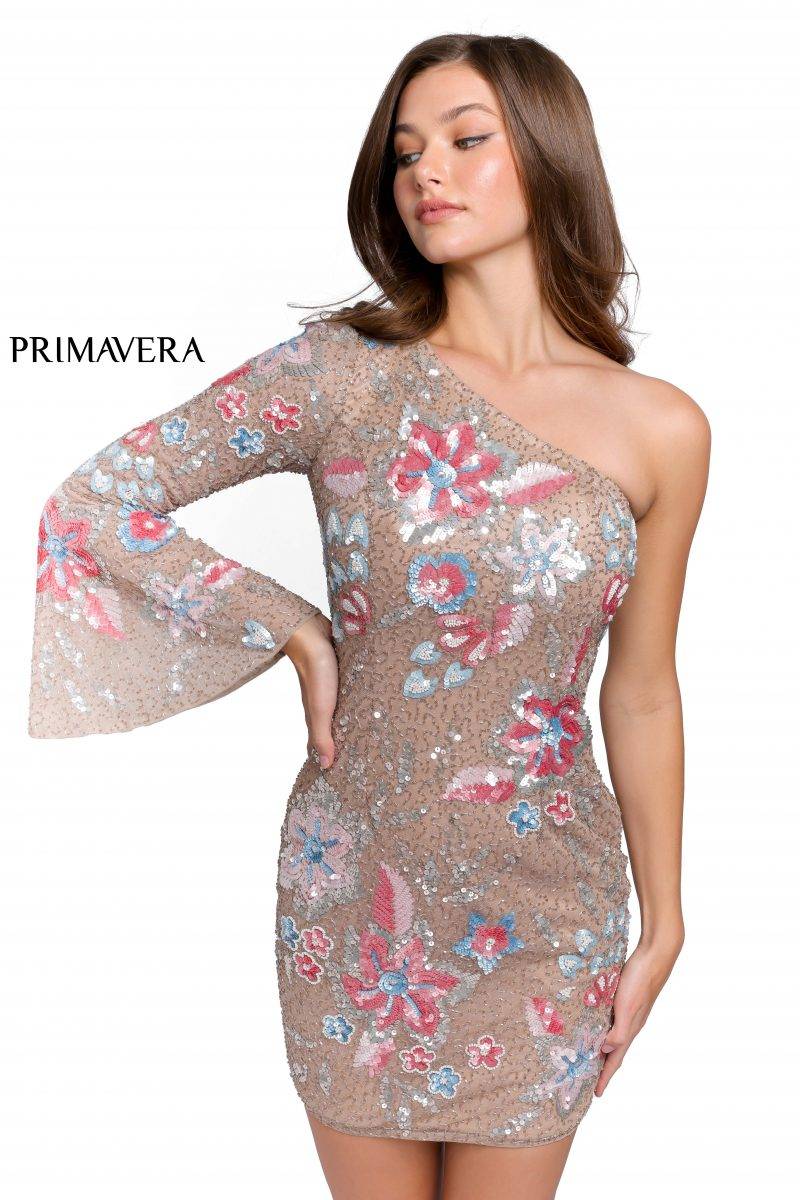 One Bell Sleeve Asymmetrical Short Dress By Primavera Couture -3810