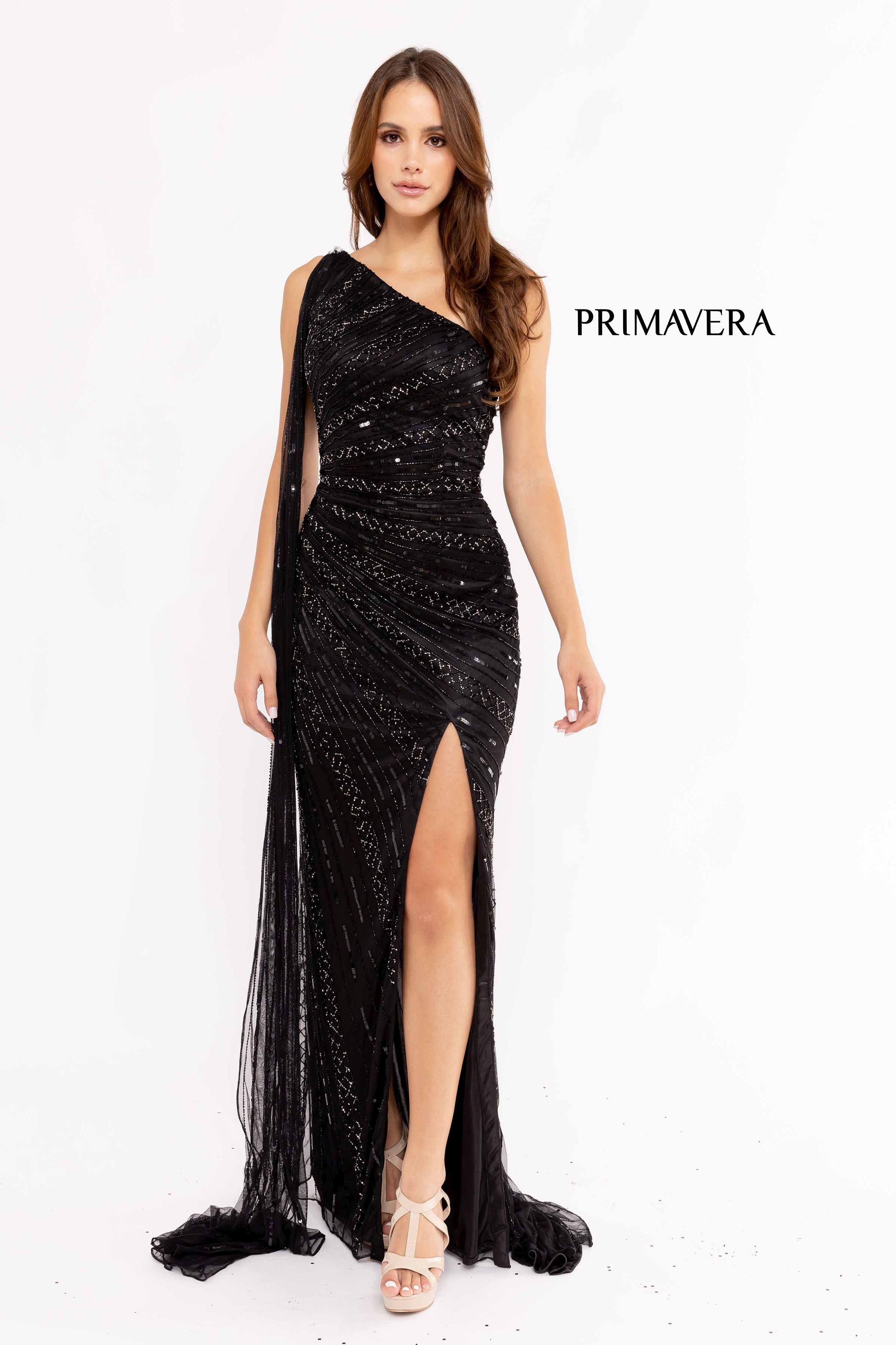 One Shoulder High Slit Gown By Primavera Couture -3956