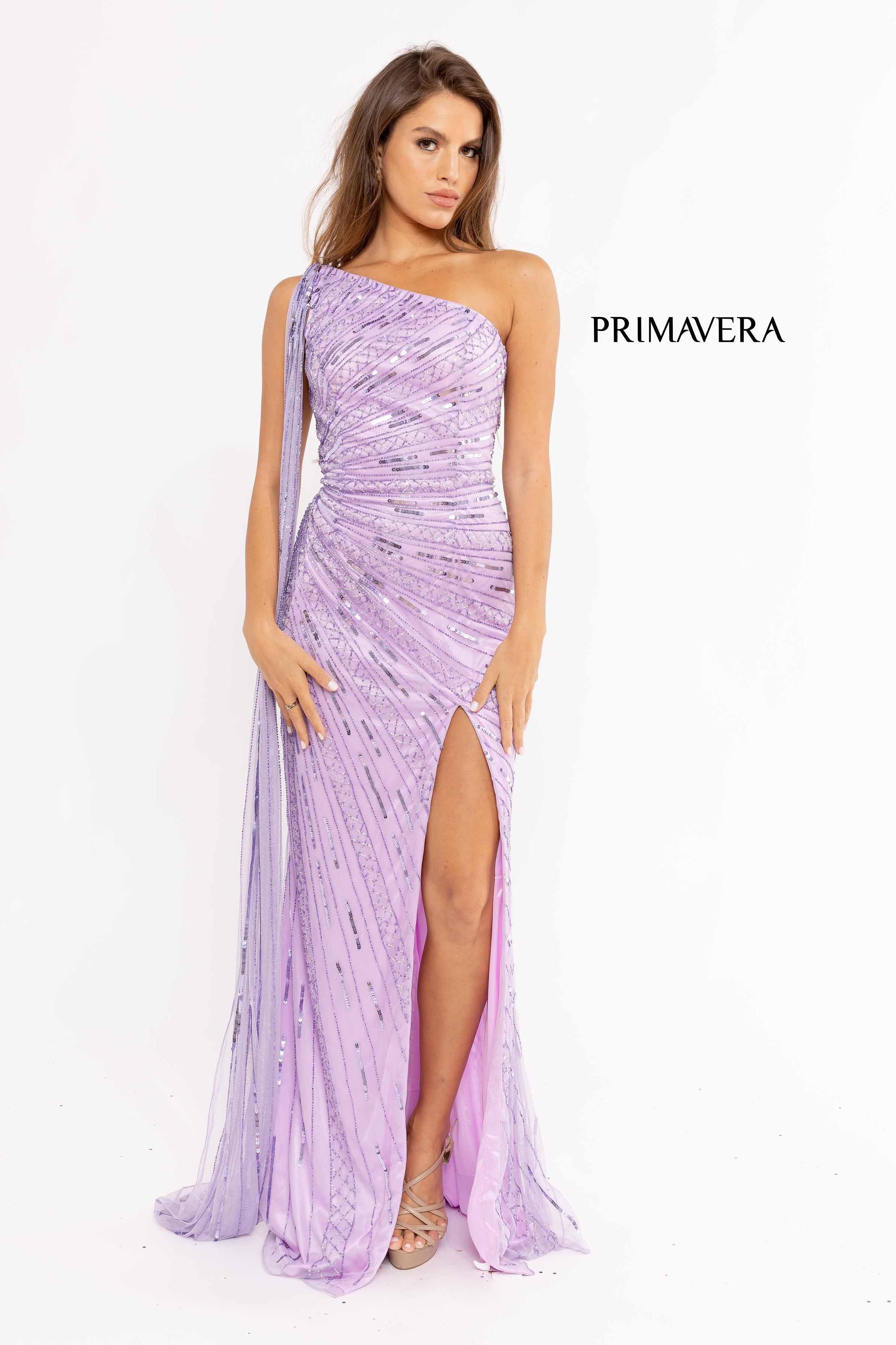 One Shoulder High Slit Gown By Primavera Couture -3956