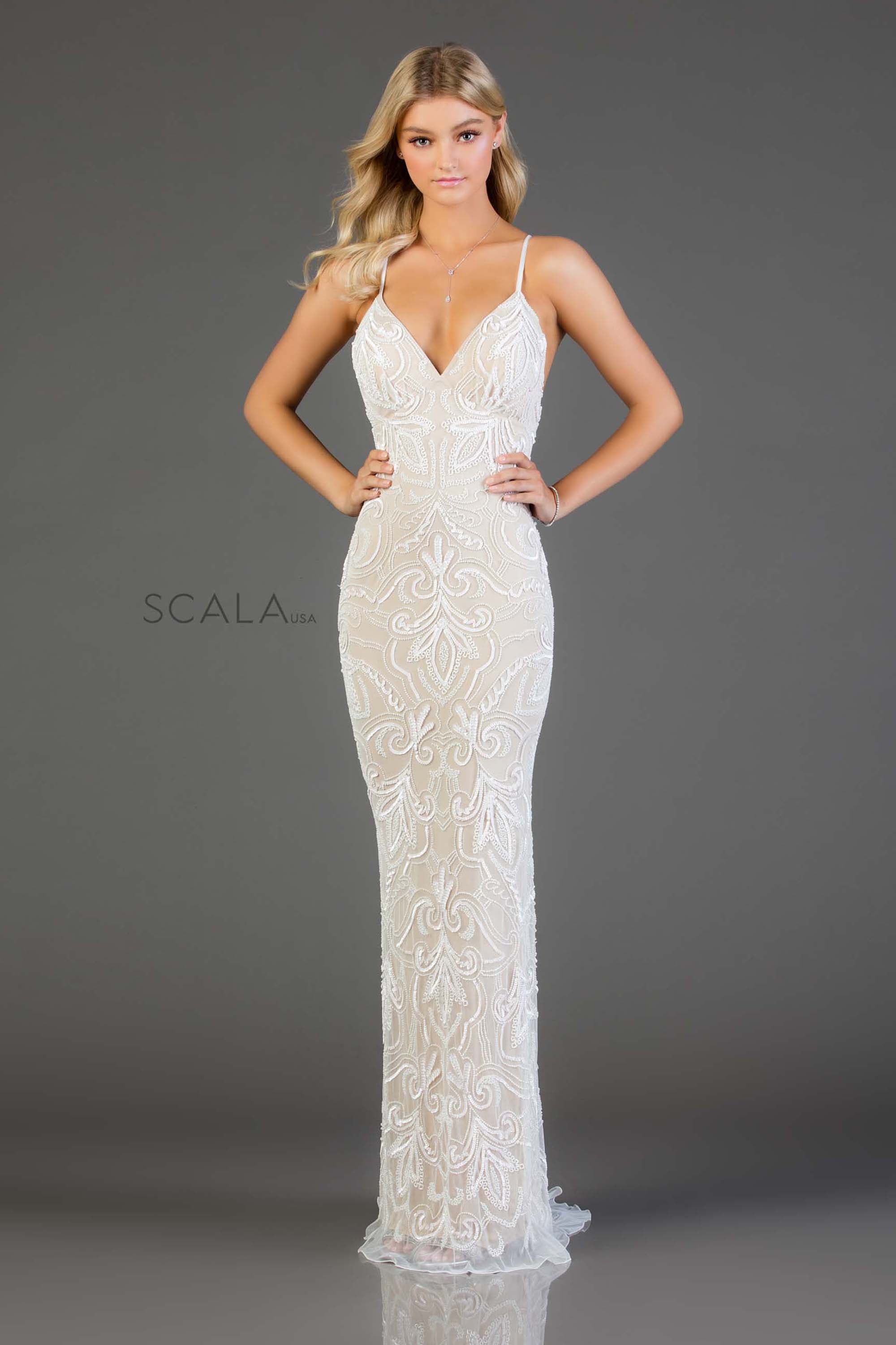Plunging V Neck Sheath Dress By SCALA -48557
