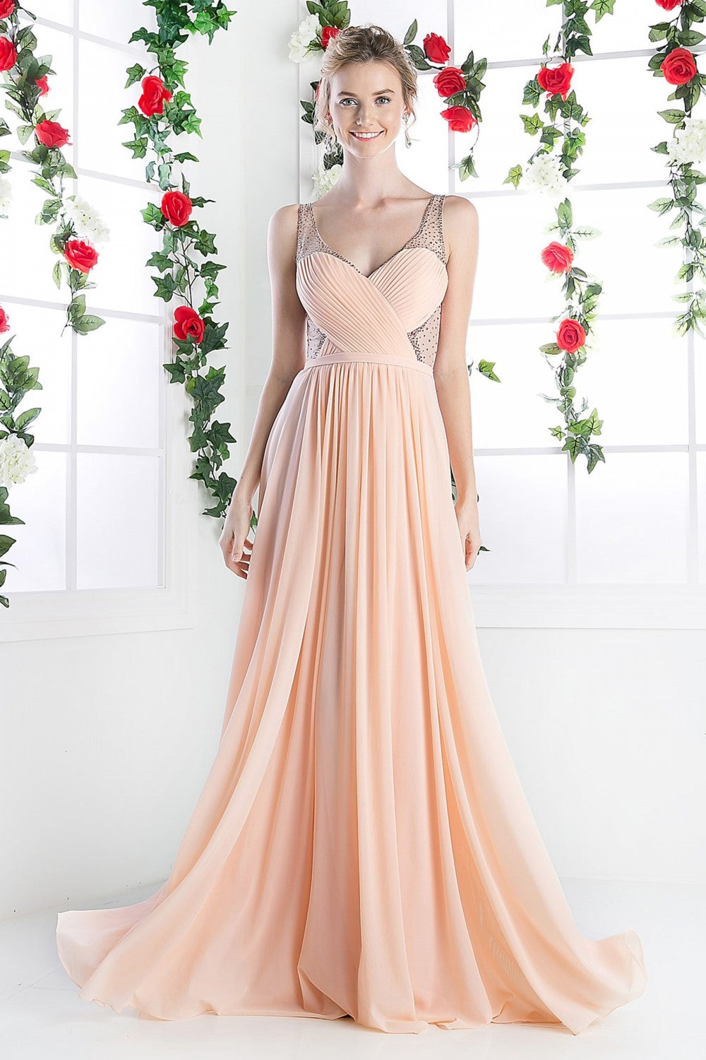 A-Line Stretch Mesh Gown With Illusion Bodice Cut Outs And Jeweled Details by Cinderella Divine -5061