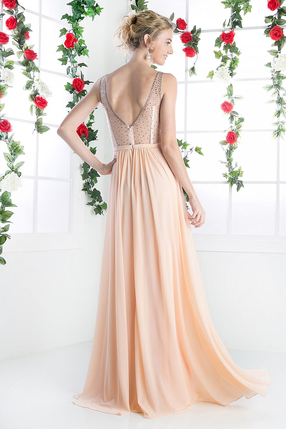 A-Line Stretch Mesh Gown With Illusion Bodice Cut Outs And Jeweled Details by Cinderella Divine -5061