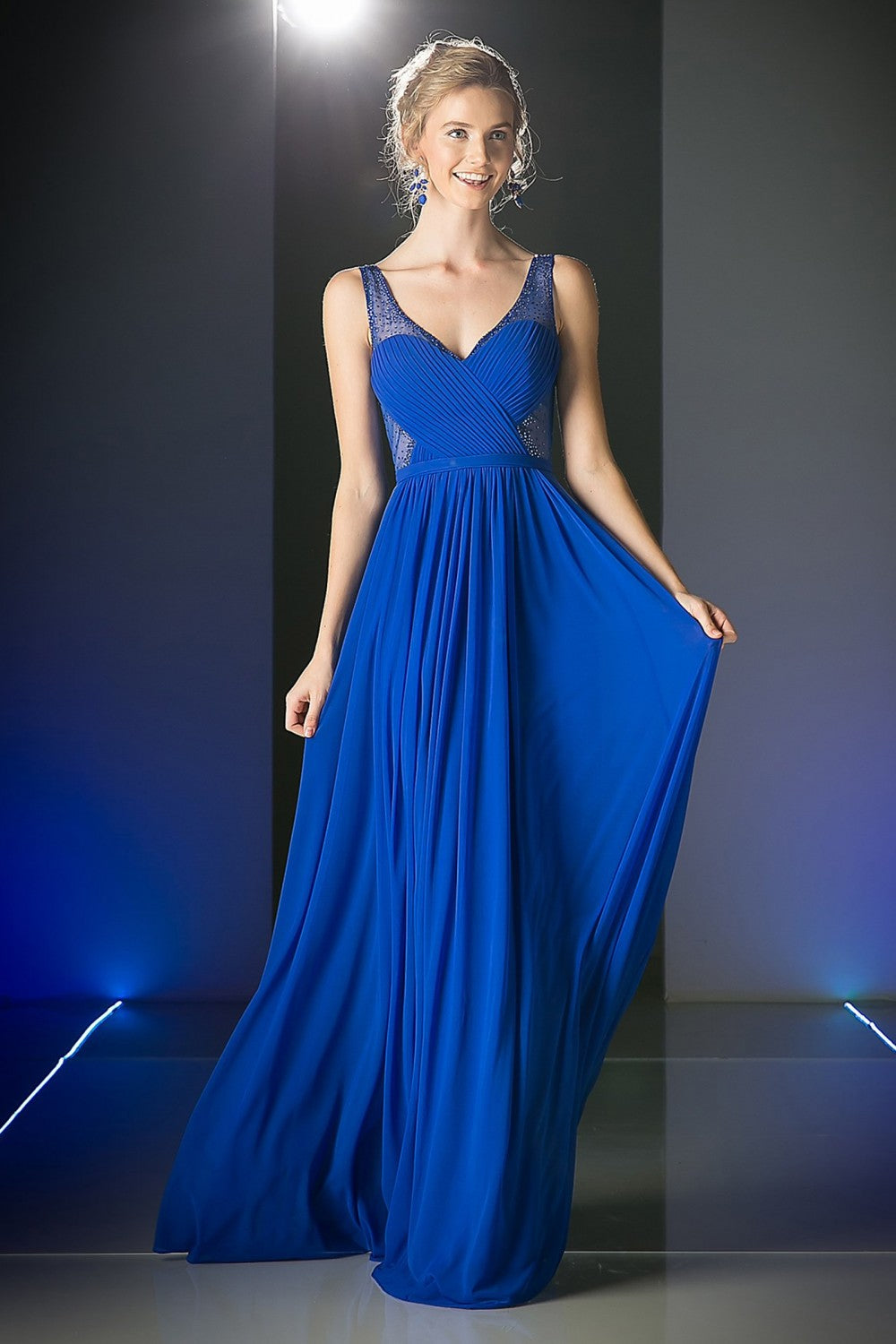 A-Line Stretch Mesh Gown With Illusion Bodice Cut Outs And Jeweled Details by Cinderella Divine -5061