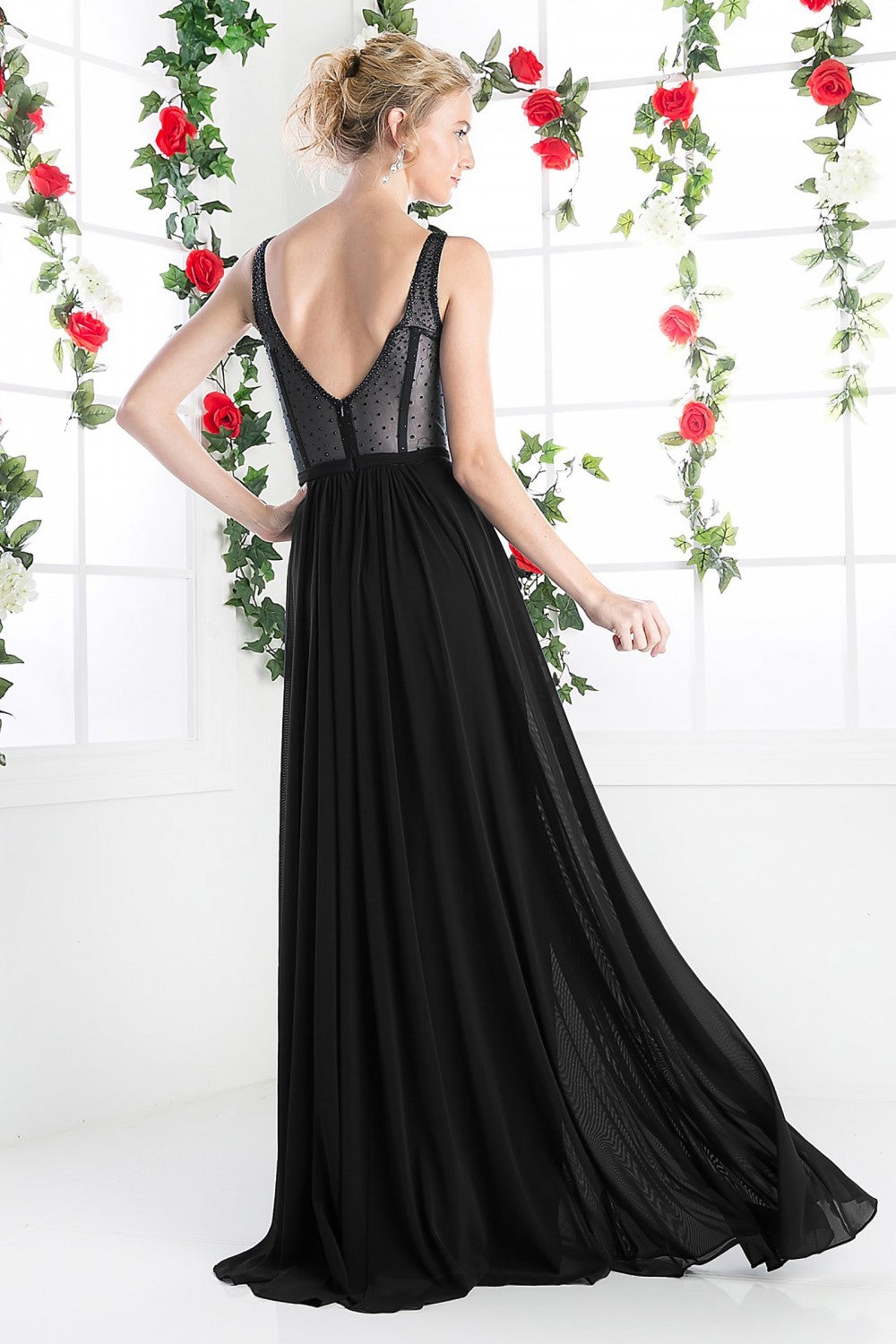 A-Line Stretch Mesh Gown With Illusion Bodice Cut Outs And Jeweled Details by Cinderella Divine -5061